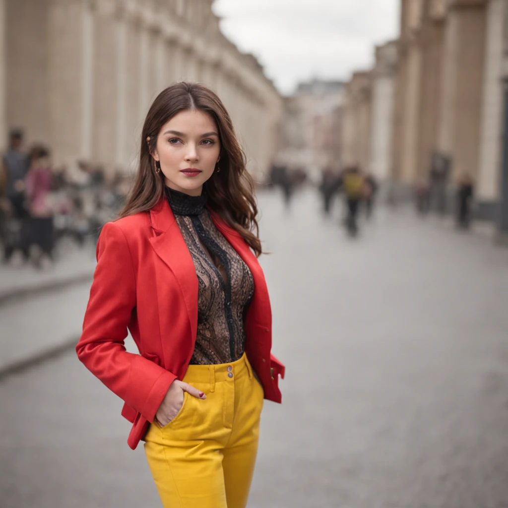 woman wearing a vibrant red jacket and yellow pants, exuding a retro outfit style, strolling through the town.