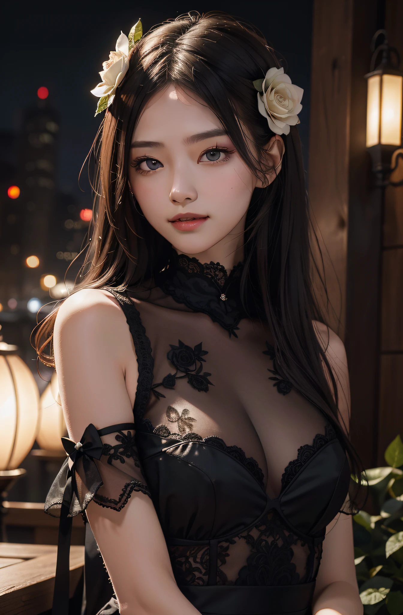 best qualtiy,tmasterpiece,超A high resolution,(真实感:1.4),RAW photogr,1girll,cropped shoulders,in the darkness nigth,deep shading,low tune,cold light,Square face with charming eyes,A sweet smile,Dressed in black lace,parks,lakes,the woods,((Rose flower:1.5,)),A high resolution