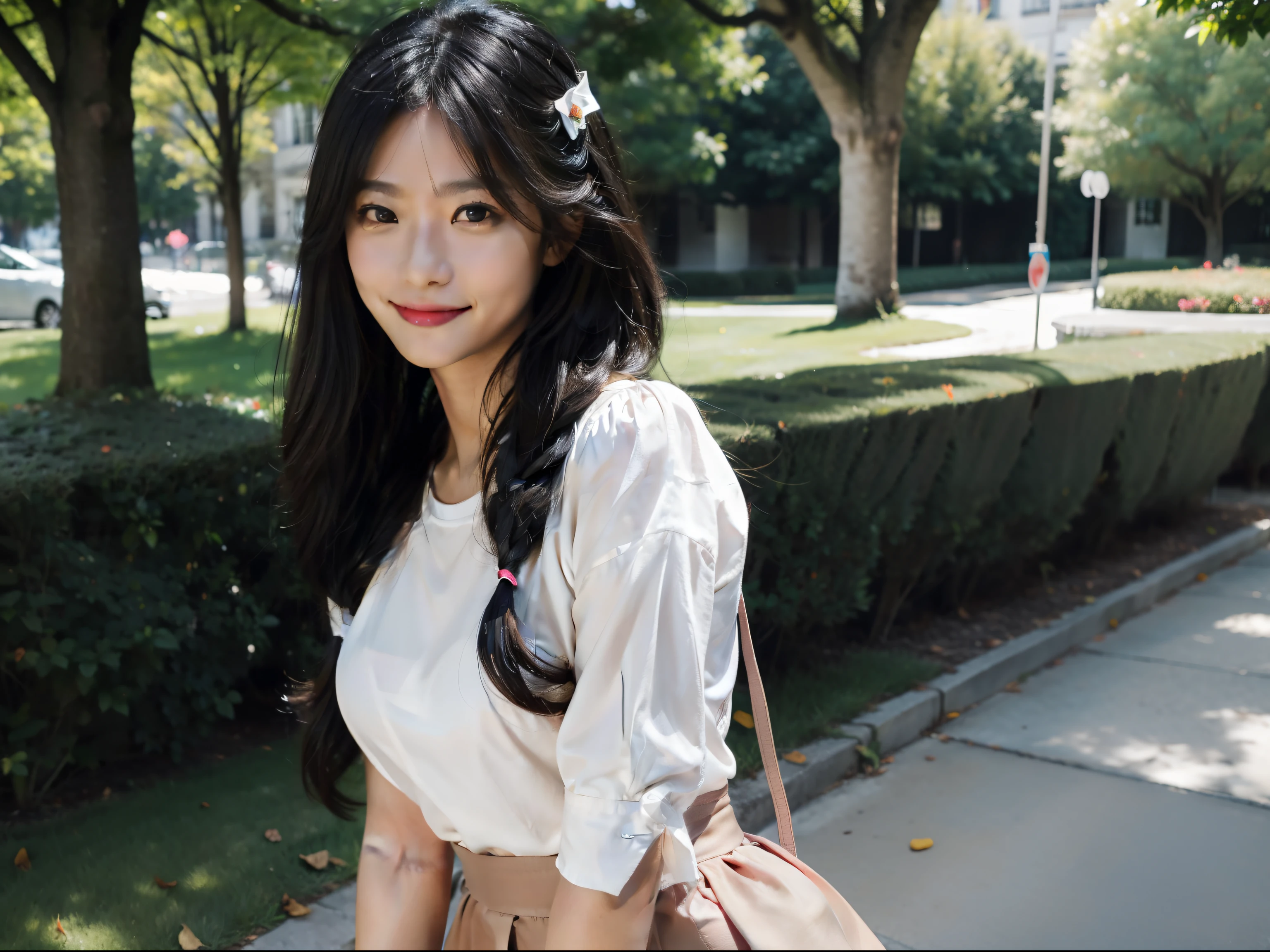 one-girl,long hair, black hair, hair ribbon, smile, depth of field, 135mm, Canon, f/1.2, UHD, retina, masterpiece, 4K, highres, high quality, high details, super detail, best quality