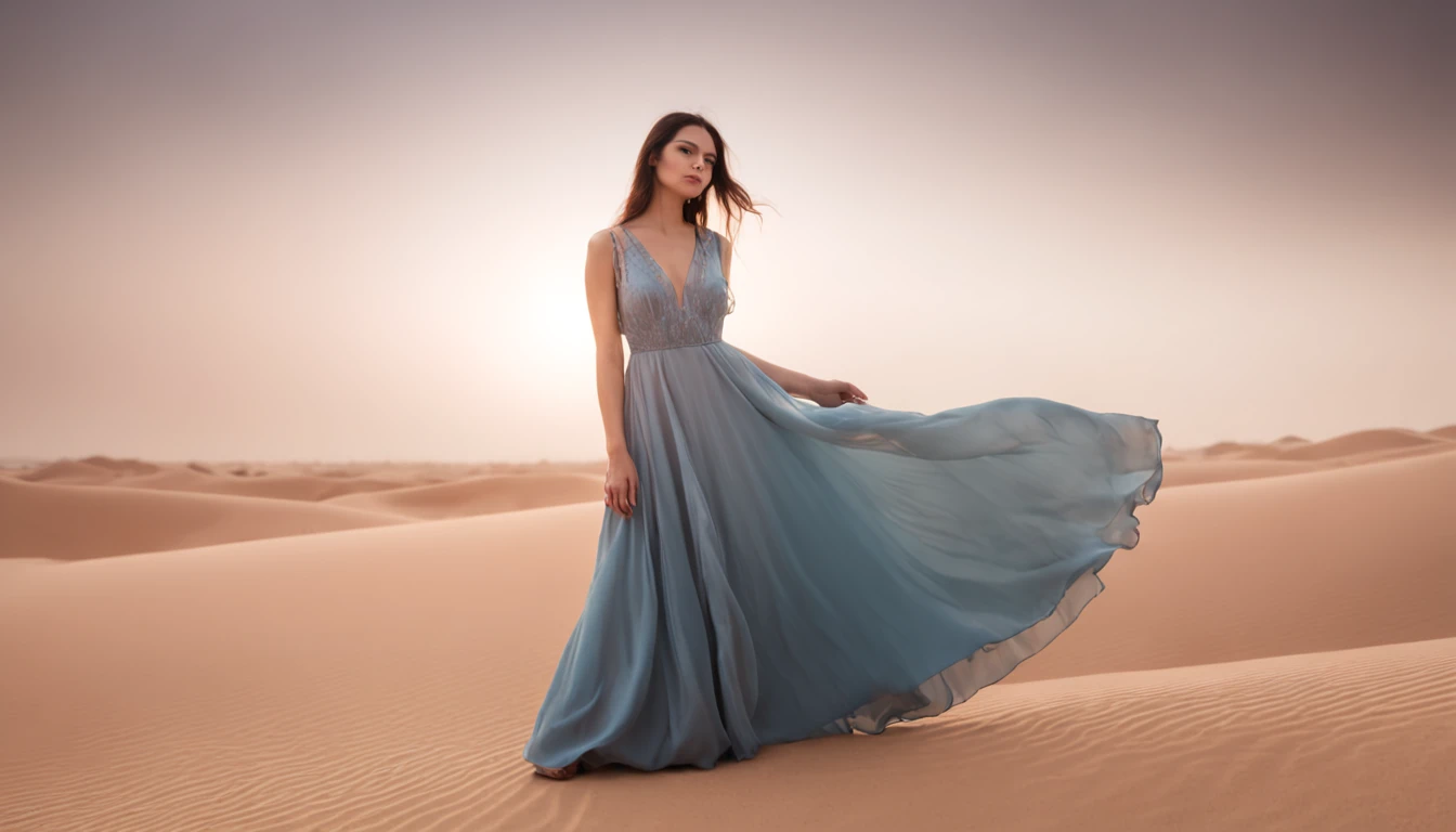 a beautiful woman standing in a desert mirage, flowing dress, delicate facial features, longing gaze, (best quality,4k,8k,highres,masterpiece:1.2),ultra-detailed,(realistic,photorealistic,photo-realistic:1.37),fantasy,conceptart,cinematic lighting,dramatic shadows,pastel colors,ethereal,dreamlike,surreal,evocative,romantic,emotional