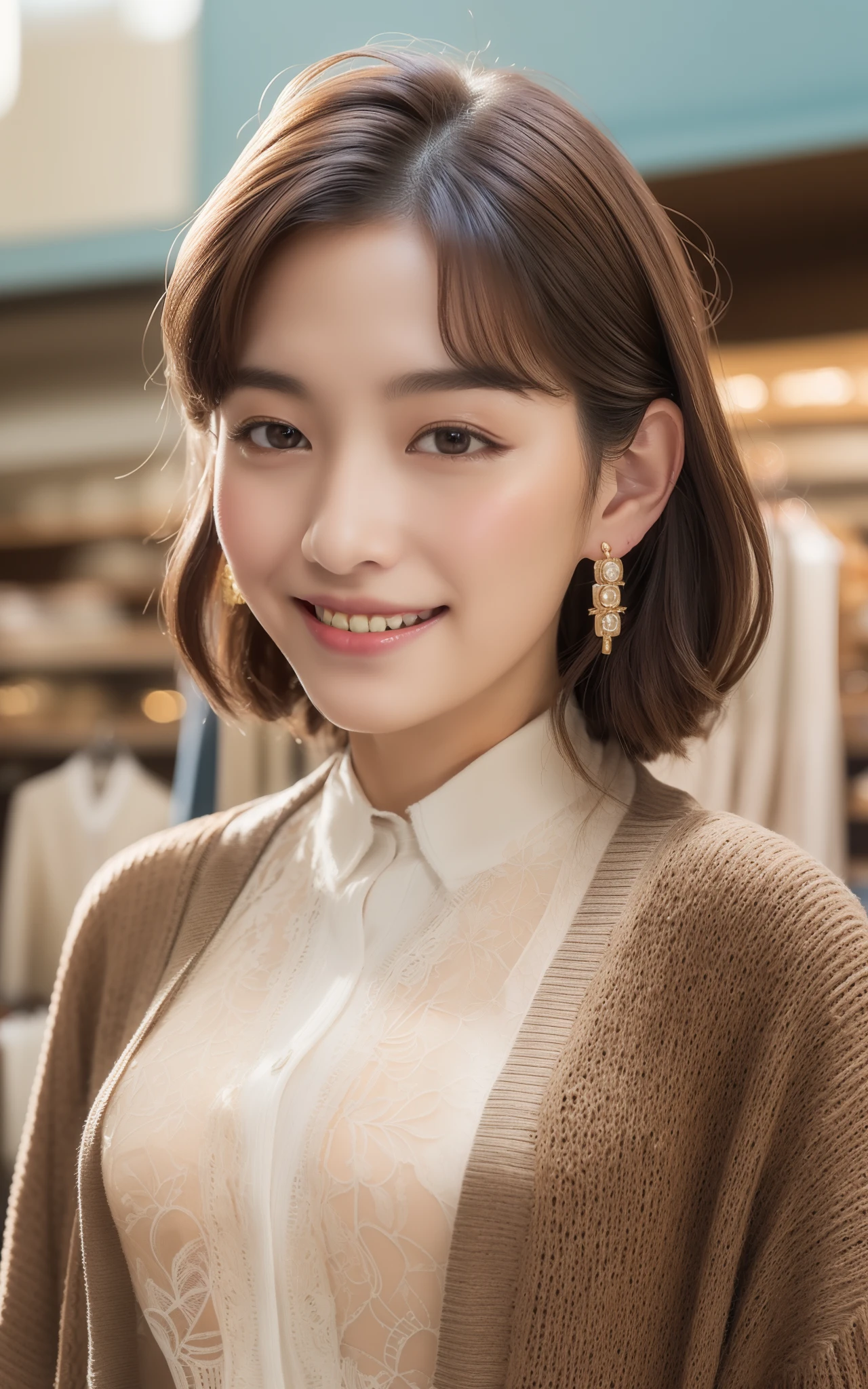 ((top-quality、in 8K、masterpiece:1.3、超A high resolution))、(Clear focus:1.4)、BREAK、A Japanese Lady、cute little、1 persons、full body Esbian、light skinned、((dark brown hair))、Valletta、Break HA、(Detailed fabrics、Detailed fabrics、Long cardigan:1.5)、Break HA、Dangling Earrings、lace-up boots、Break HA、Super fine face、A detailed eye、Narrow-eyed、Moisturized eyes、二重まぶた、Break HA、Reddish cheeks、Detailed skin、Sweating、Lustrous skin、glowy skin、Shine skin、Shaded skin、glowy skin、Wearing makeup、Break HA、Detailed lips、ruddy lips、Laughing、Break HA、(Colossal tits:1.1)、Beautiful leg line、looking in camera、BREAK、(细致背景:1.1、Shopping in vintage shops:1.8)、Natural lighting