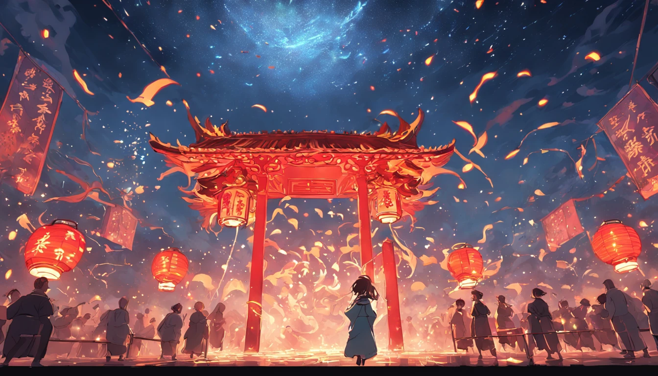 New Year,Chinese-style town,nigh sky,A Buddha statue in the center,Decorations,Chinese lanterns are hung,fire works