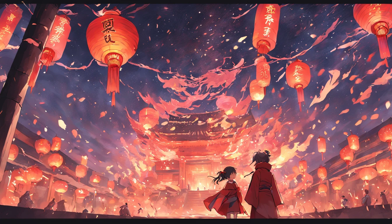 New Year,Chinese-style town,nigh sky,A Buddha statue in the center,Decorations,Chinese lanterns are hung,fire works