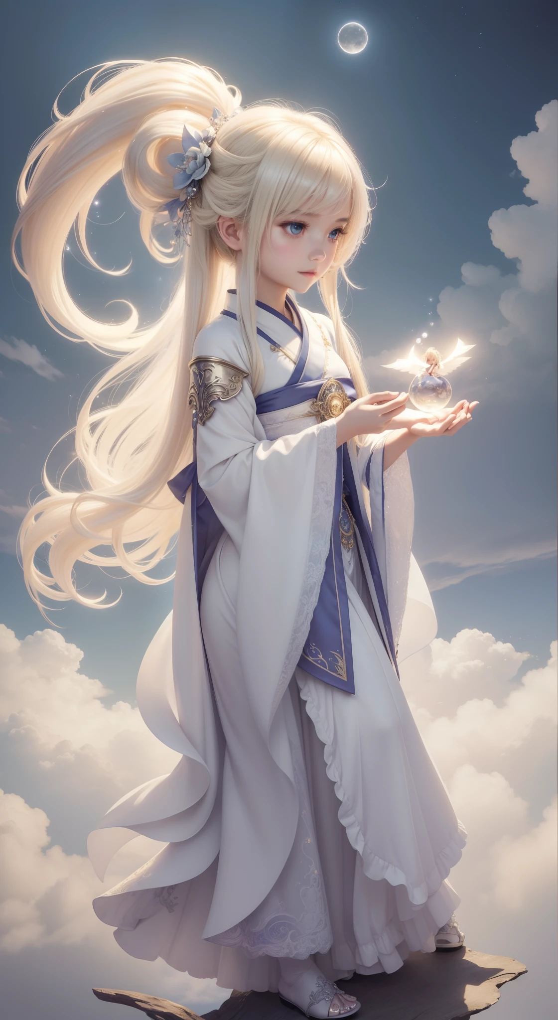 Chibi, Mouse,Masterpiece, 3D Display, Best Quality, Lots of Detail, Long white hairSuper cute little girl, full body, wearing gorgeous Hanfu, little vixen, anthropomorphic, bubble mart style, wearing an elegant cape, clouds floating gently, extremely detailed 3D animation, super realistic, super detailed, luxury movie lights, octave light,bright expression、poneyTail、Young shiny shiny white shiny skin、Best Looks、Blonde reflected light、Platinum blonde hair with dazzling highlights、shiny light hair,、Super long silky straight hair、Beautiful bangs that shine、Glowing crystal clear attractive big white eyes、Very beautiful nice cute 16 year old girl , ((best quality)), ((masterpiece)), (detailed), alluring succubus, ethereal beauty, perched on a cloud, (fantasy illustration:1.3), enchanting gaze, captivating pose, delicate wings, otherworldly charm, mystical sky, (Luis Royo:1.2), (Yoshitaka Amano:1.1), moonlit night, soft colors, (detailed cloudscape:1.3), (high-resolution:1.2)