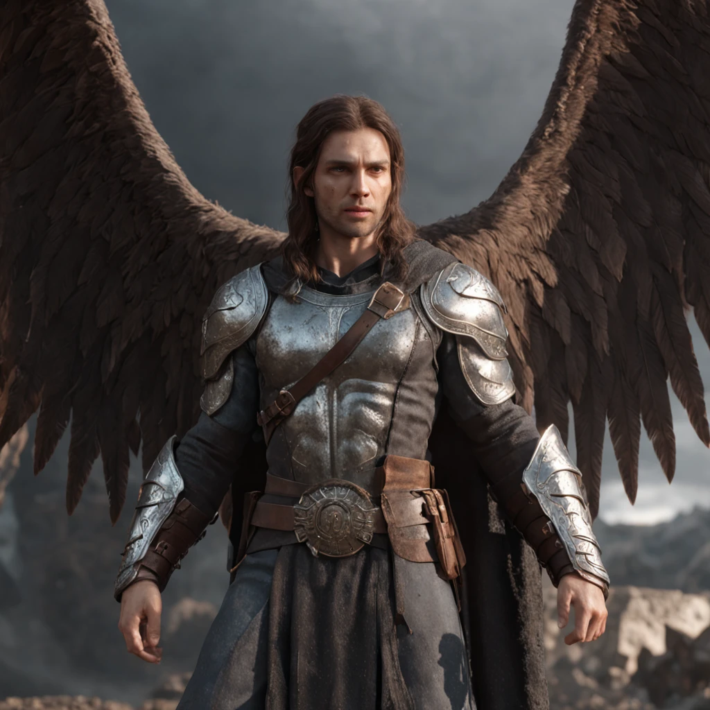 (professional 3d render:1.3) af (Realistic:1.3) most beautiful artwork photo in the world,Features soft and shiny male heroes, ((Epic hero archangel Michael with very large wings and his sword rough wet hero angry looking long hair short beard and ferocious expression in dynamic pose, Fantastic location, Majestic cluttered environment)), Full body 8K unified rendering, action shot, skin pore, very dark lighting, heavyshading, Detailed, Detailed face, (vibrant, photograph realistic, Realistic, Dramatic, Dark, Sharp focus, 8K), (Old leather garments damaged by weathering:1.4), ((((Wear fur)))), (Intricate:1.4), decadent, (Highly detailed:1.4), Digital painting, rendering by octane, art stations, concept-art, smooth, Sharp focus, illustration, Art germ, (loish:0.23), wlop ilya kuvshinov, and greg rutkowski and alphonse mucha gracias, (Global illumination, Studio light, volumettic light), heavy rain, particles floating, lotr, fantasy, elf, full bodyesbian, ((Dark and ancient city background:1.3)),CGSesociety,art stations