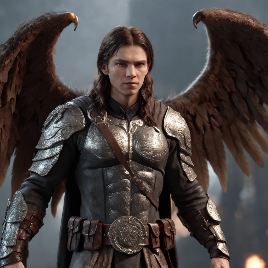 (professional 3d render:1.3) af (Realistic:1.3) most beautiful artwork photo in the world，Features soft and shiny male heroes, ((Epic hero archangel Michael with very large wings and his sword rough wet hero angry looking long hair short beard and ferocious expression in dynamic pose, Fantastic location, Majestic cluttered environment)), Full body 8K unified rendering, action  shot, skin pore, very dark lighting, heavyshading, Detailed, Detailed face, (vibrant, photograph realistic, Realistic, Dramatic, Dark, Sharp focus, 8K), (Old leather garments damaged by weathering:1.4), ((((Wear fur)))), (Intricate:1.4), decadent, (Highly detailed:1.4), Digital painting, rendering by octane, art  stations, concept-art, smooth, Sharp focus, illustration, Art germ, (loish:0.23), wlop ilya kuvshinov, and greg rutkowski and alphonse mucha gracias, (Global illumination, Studio light, volumettic light), heavy rain, particles floating, lotr, fantasy, elf, full bodyesbian, ((Dark and ancient city background:1.3)),CGSesociety,art  stations