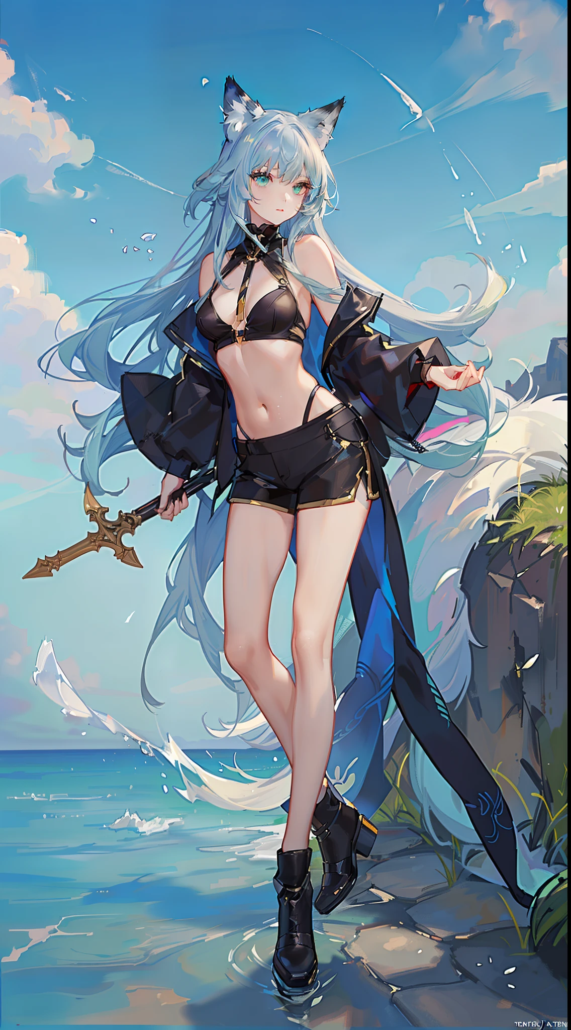 Masterpiece, 1girl, solo, brunette hair, bikini, white long legs, lake, wet clothes, barefoot, full body, erotic expression, (( high clarity of crotch gaps, clear visibility of cross-part gaps, exposed lower body, exposed))