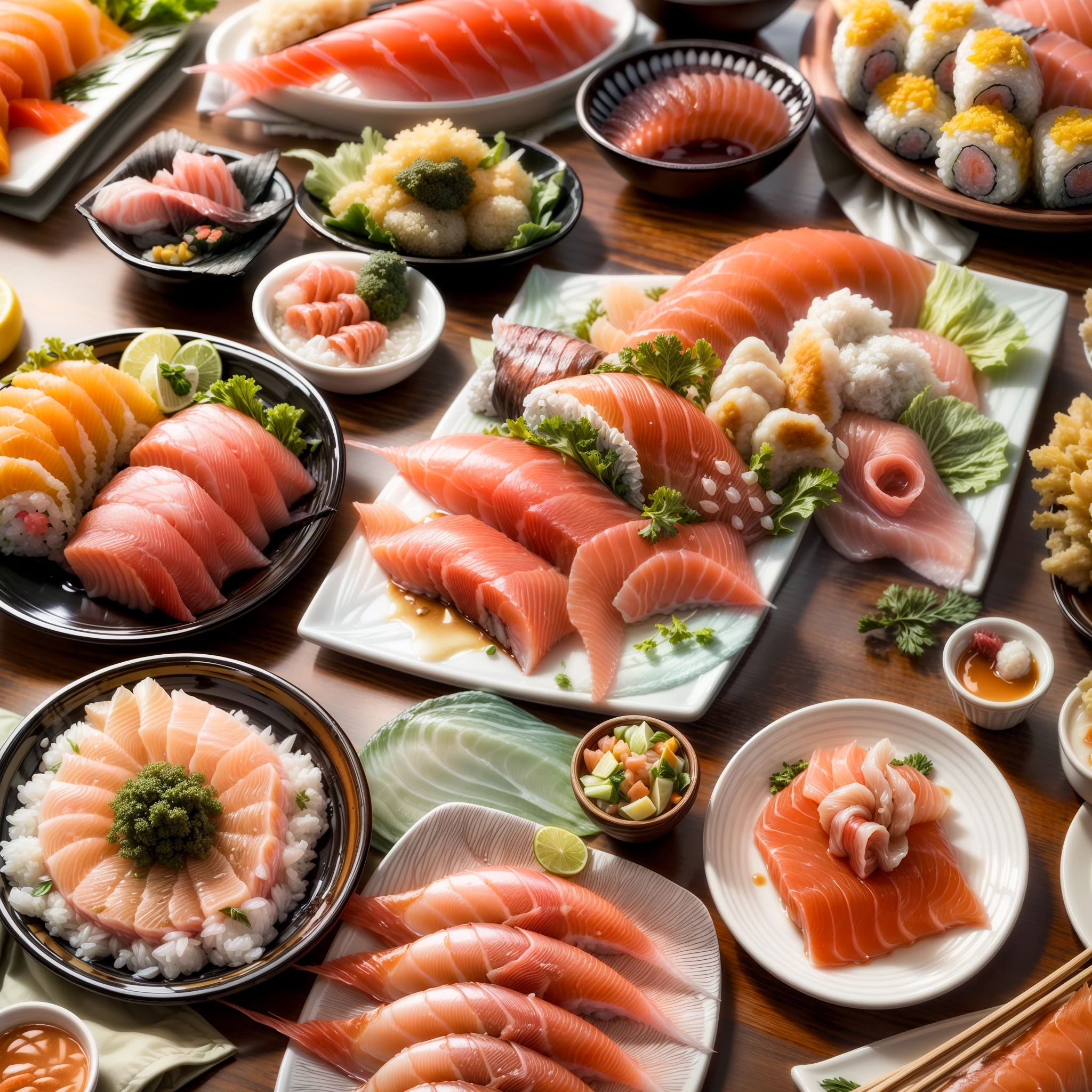 (Full Focus:1.5), (Placed on the dining table, sashimi|sushi|tempura:1.2) State seasonings, ray tracing, masterpiece, super detail, high details, high quality, best quality, highres