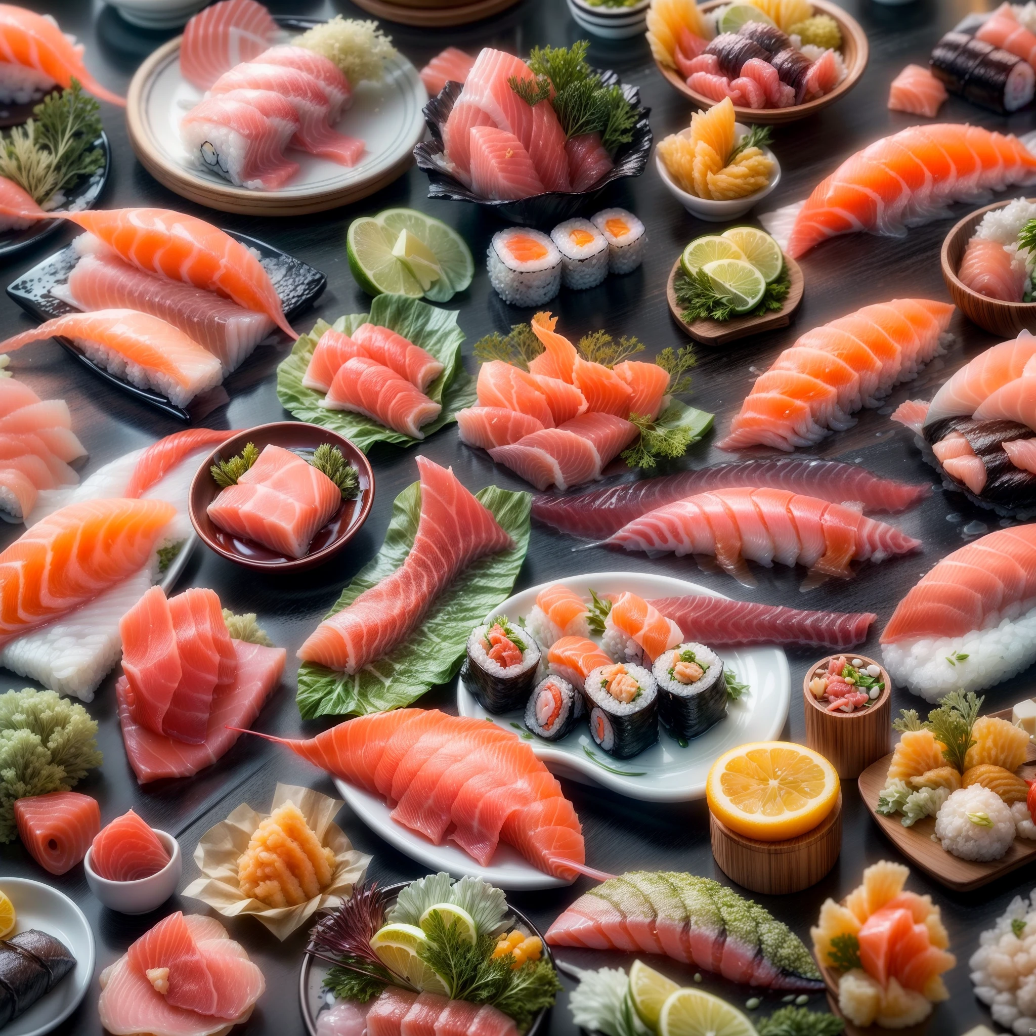 (Full Focus:1.5), (Placed on the dining table, sashimi|sushi|tempura:1.2) State seasonings, ray tracing, masterpiece, super detail, high details, high quality, best quality, highres