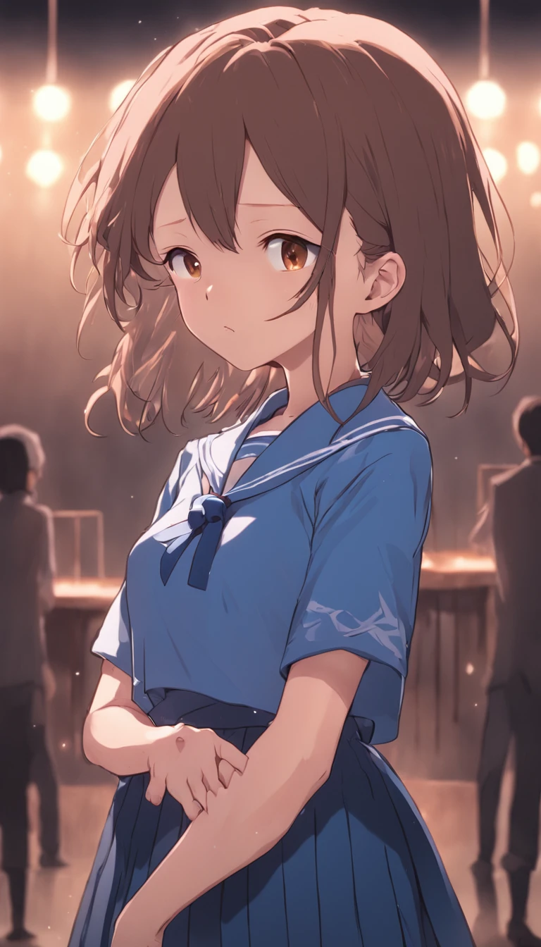 (Highly detailed CG Unity 8k wallpaper), (Masterpiece), (Highest quality), (Super detailed), (Best illustration), (Best shadow), (Absurd), ************, Embarrassing, Sweat, Steam, Staring, a high school girl with a long pigtail hairstyle, brown hair, sailor suit, navy blue skirt, upturned eyes, glowing fluorescent lights, and a full-length portrait is seen standing in a high school classroom.