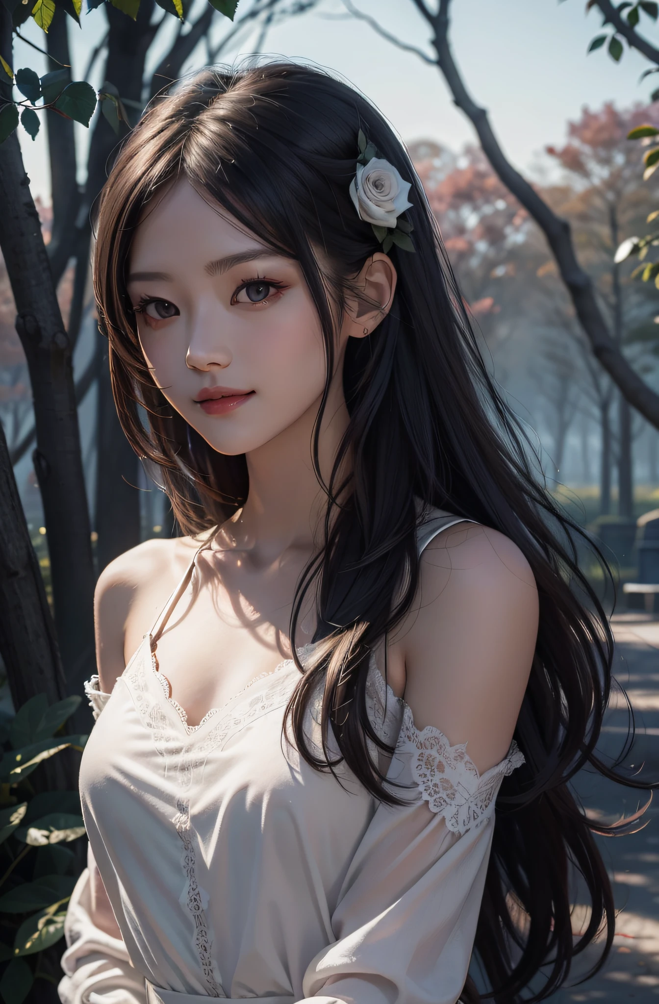 best qualtiy，tmasterpiece，超A high resolution，（真实感：1.4），RAW photogr，1girll，cropped shoulders，in the darkness nigth，deep shading，low tune，cold light，Square face with charming eyes，A sweet smile，Dressed in black lace，parks，lakes，the woods，Rose flower：1.5，A high resolution