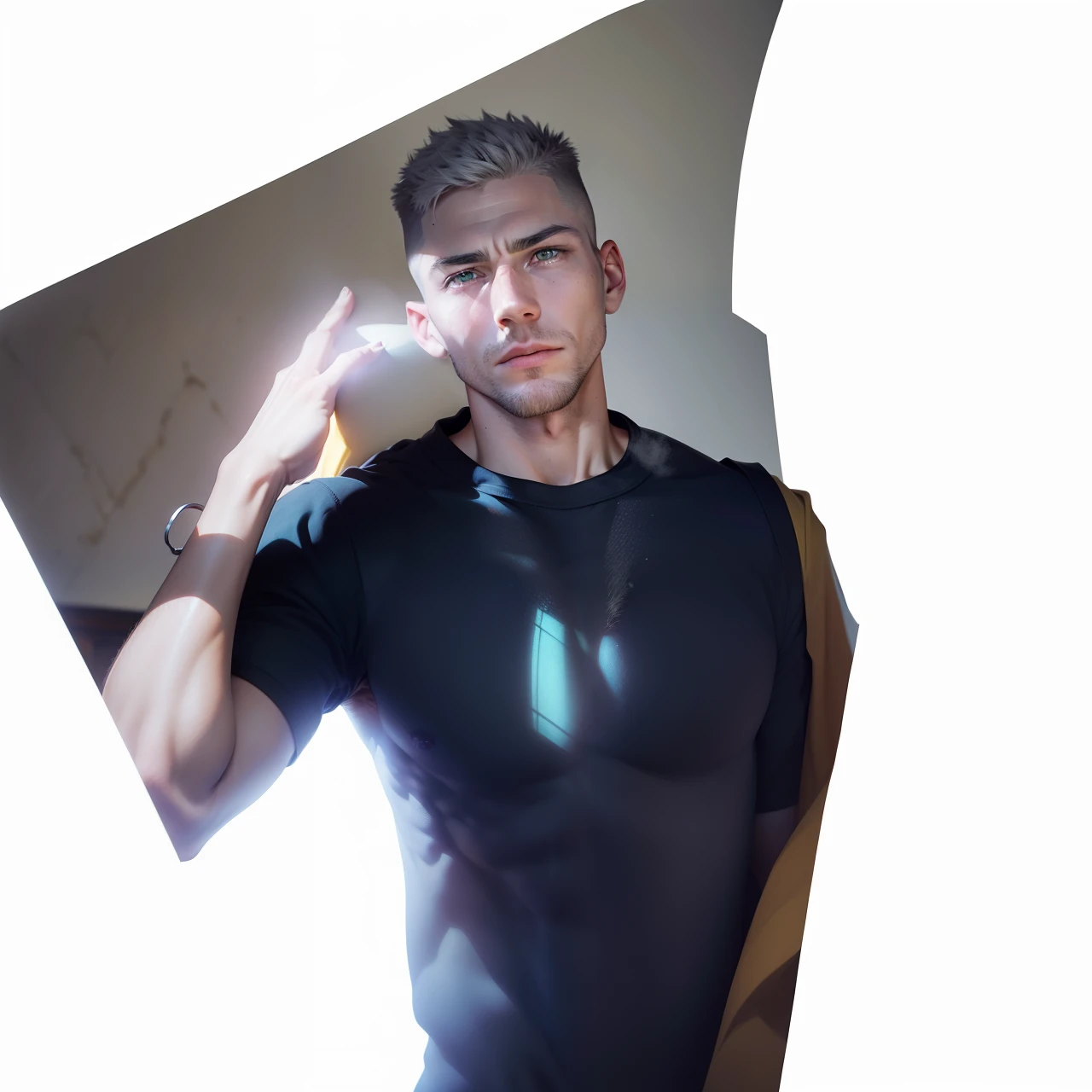 full frame, Close portrait, cute, male model, active White male, tan wrinkled skin, gray undercut hair, yellow-green eyes, (skin texture), skin pores, shallow depth of field, sharp eye focus, backlit