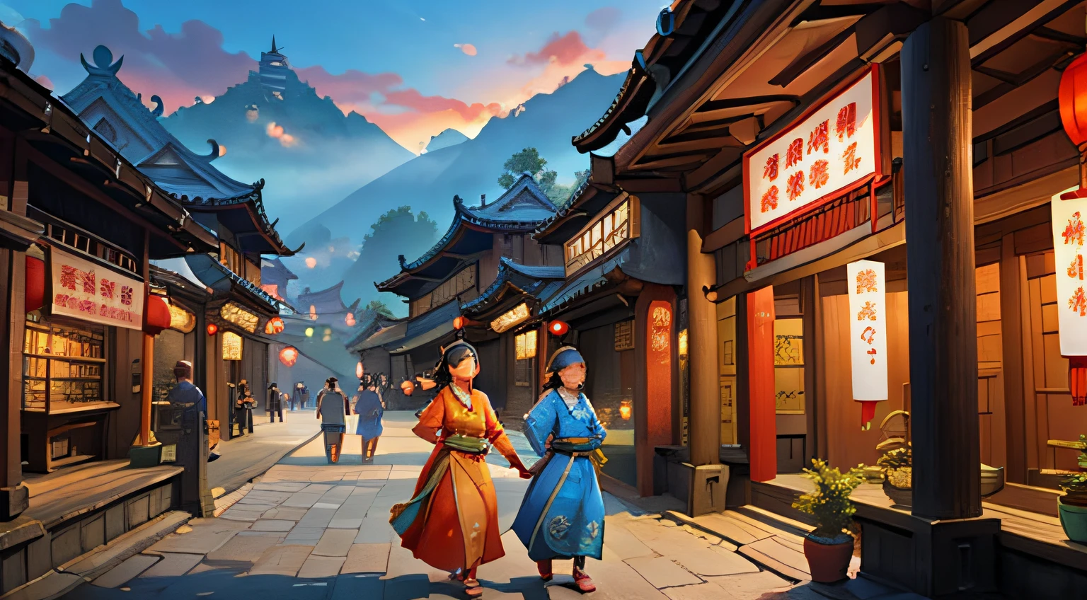 People walking the streets of a Chinese village in the early morning, dreamy Chinese towns, Beautiful rendering of the Tang Dynasty, , Chinese village, Rosla global lighting, Heavy traffic,Shops are numerous,Everyone was carrying things in their hands,There was silence and peace,Tang dynasty costumes,and the sun was shining brightly,Usual perspective,