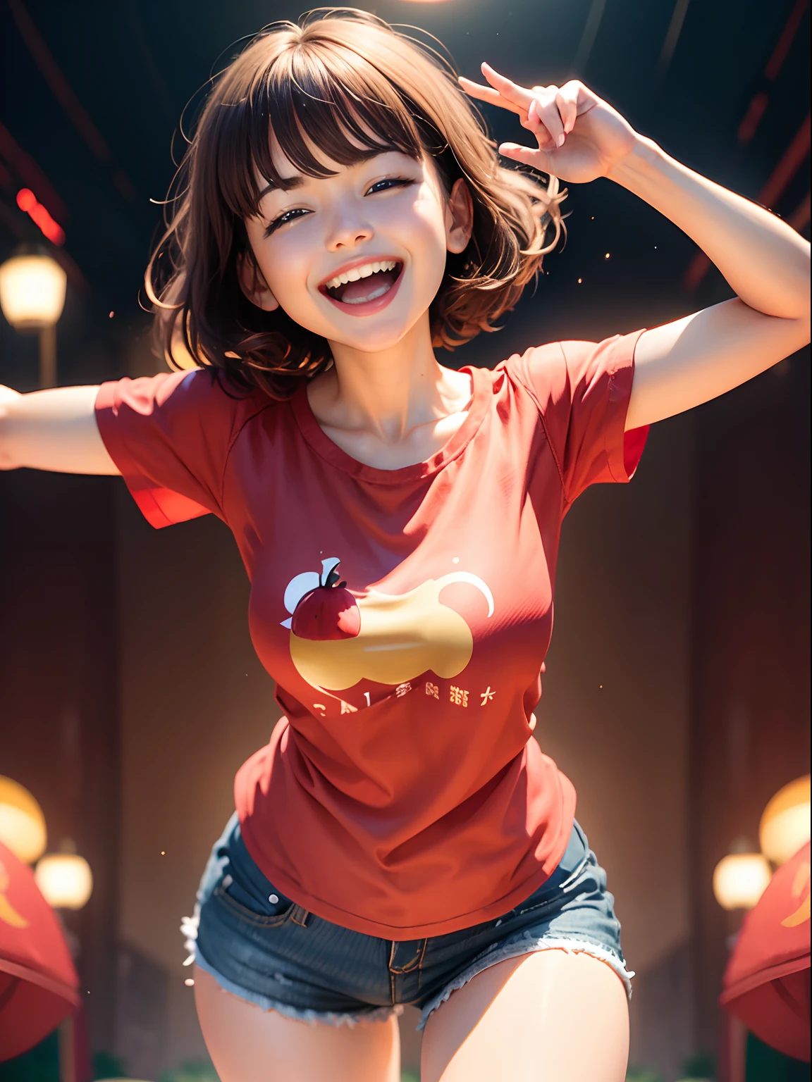 1girl in(((Laughing)))、exaggerated pose、Reaching the climax:1.３, short-cut、masutepiece、Bottoms are randomly generated、（ Tomato Illustration Printed Shirt ）、dark brown hair、GI Cut、Background bokeh:1.5