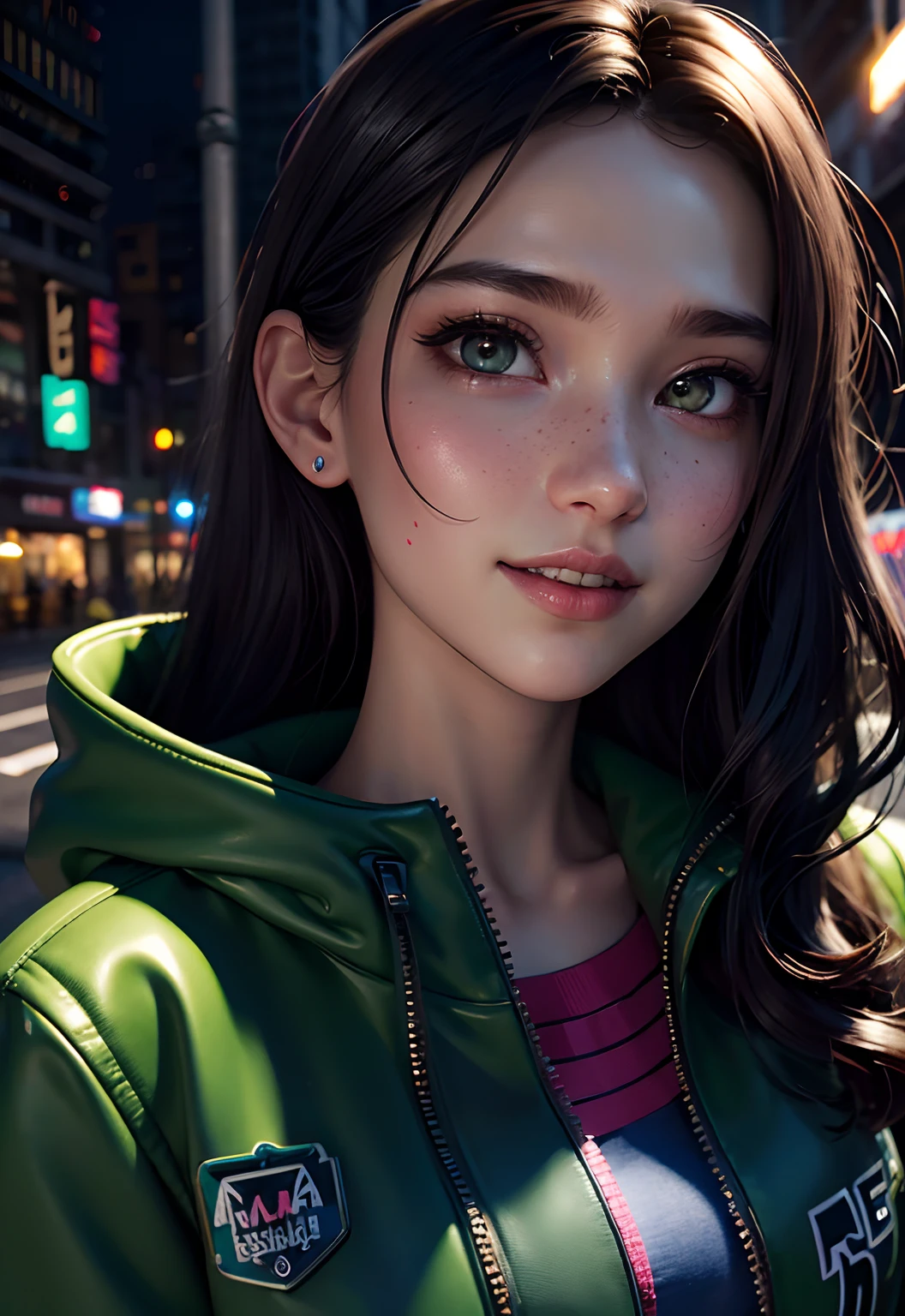 masterpiece, best quality, half body, portrait, night city, 1girl, anime, 3D, Japan, pixar, realistic, girl, smiling, cute face, harajuku fashion style, rain coat, beautiful, colourful, neon lights, cyberpunk, smooth skin, illustration, artstation, painting by stanley artgerm lau, sideways glance, foreshortening, extremely detailed 8K, smooth, high resolution, ultra quality, highly detail eyes, highly detail mouth, highly detailed face, perfect eyes, both eyes are the same, true light, glare, Iridescent, Global illumination, real hair movement, real light, real shadow, real face, hd, 2k, 4k, 8k, 16k, realistic light, realistic shadow, bright Eyes, fluorescent eyes, soft light, dream light