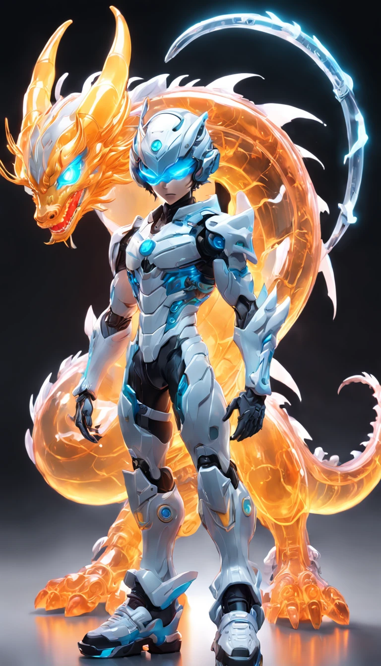 chinesedragon, (Blind box toy style:1.2), (Full body shot) , 1 Transparent Boy,Behind him is a transparent Chinese dragon, Transparent mech, Exquisite helmet:1.2, Luminous goggles:1.2, Cyberpunk, dreamy glow, luminous neon lights, Clean, White background, ( Global illumination, Ray traching, hdr, unreal render,reasonable design, high detal, Masterpiece, Best quality, hyper HD, Cinematic lighting)