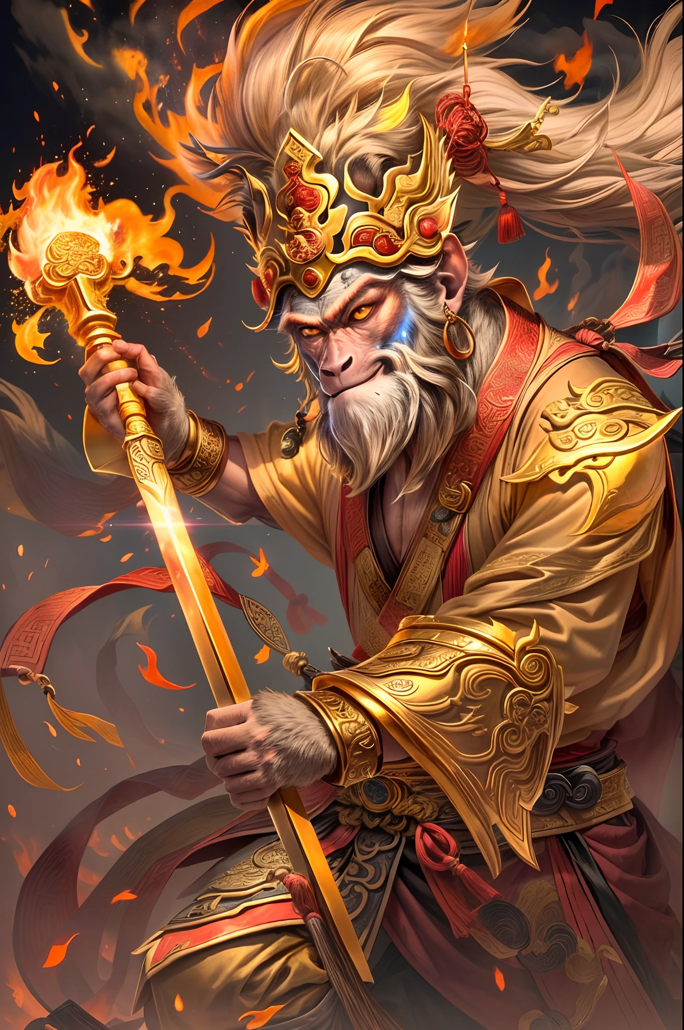 Anthropomorphic male monkey man with golden hoop stick in his hand, bo staff, Sun Wukong, Wukong, fighting Buddha, normal hands, flame clouds under his feet, fire eyes golden eyes bright and brave, very beautiful anthropomorphic monkey, fighting stance, Guan Yu, inspired by Huang Shen, inspired by Hu Zaobin, legendary monkey god holding a spear, golden chinese style armor, battlefield background, burning fire aura,