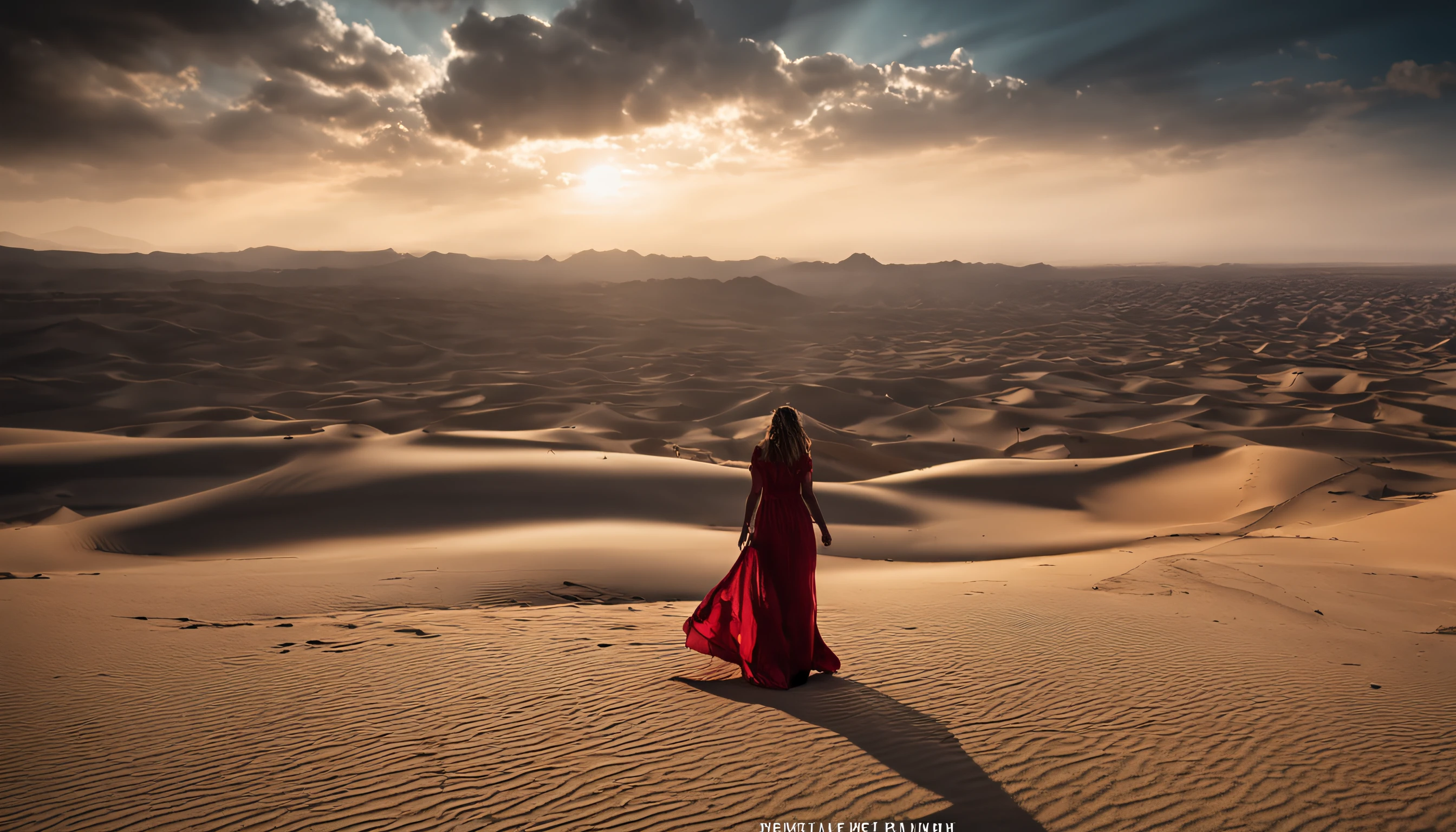 the setting sun，A desert，rays of sunshine，Clouds，Contre-Jour，Beautiful girl in long dress，8K high-definition，RAW format，The light and shadow are delicate，detail-rich，。