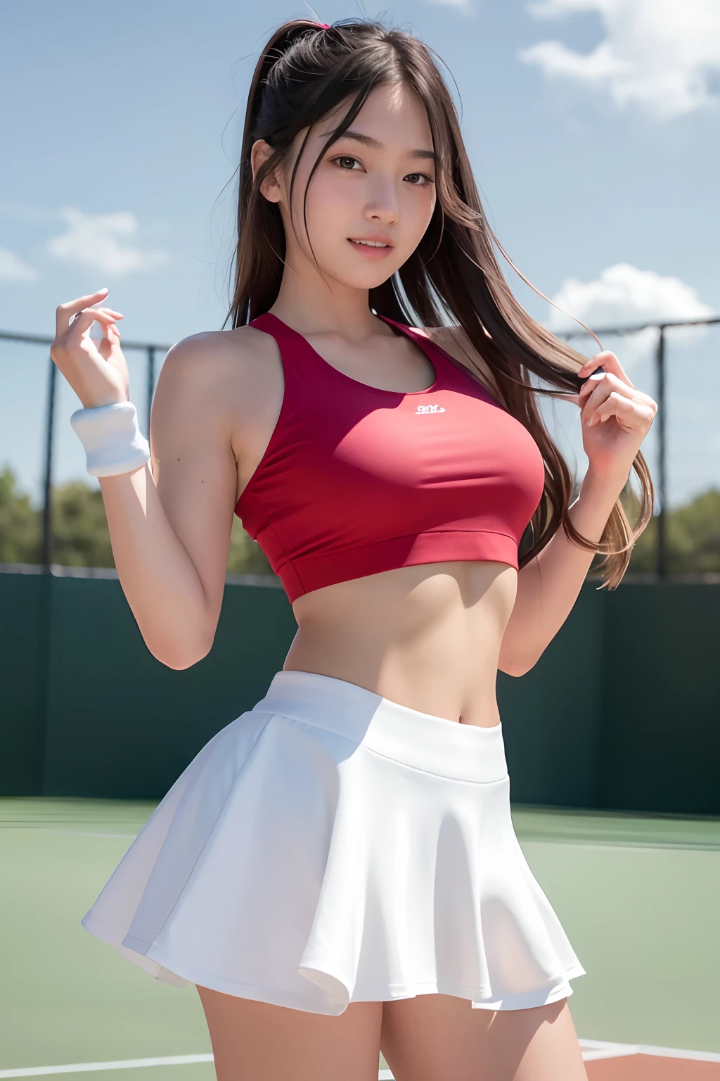 8K quality、High resolution、Realistic skin texture、High resolutionの瞳、woman、Sleeveless tennis wear、Miniskirt with no panties、Princess Hair、thin、Bare crotch、リアルなwoman性器、Small breasts、Blonde、thin脚、Sweating profusely、Sweat accumulates in the chest、Taking a daring bath in the park fountain、Well-groomed navel、slouch、Touching the groin、Ecstatic expression、Shooting from behind