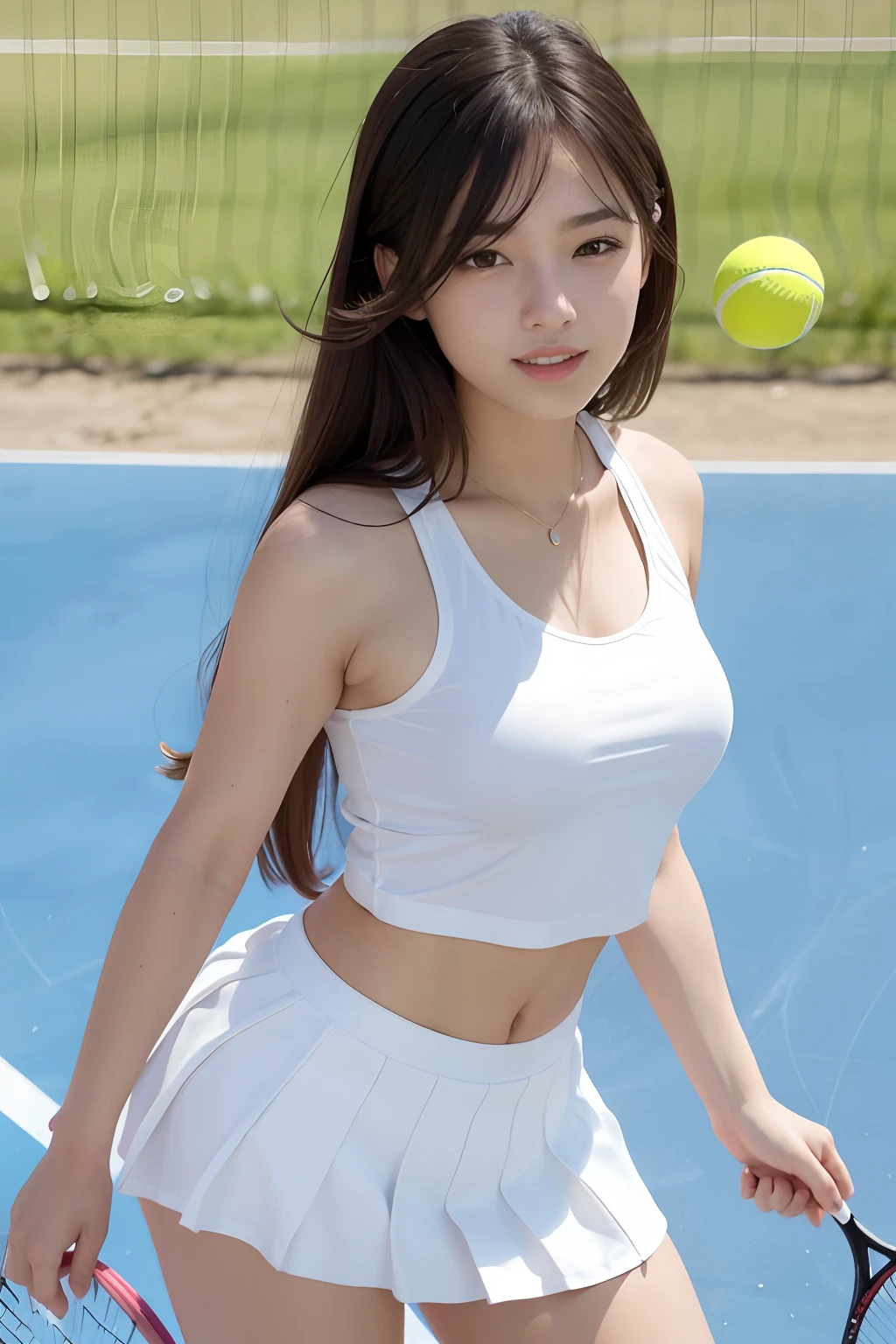 (8K, Best Quality, Masterpiece: 1.2), (Realistic, Photorealistic: 1.37), Super Detail, 1 Girl, 20 years old, Big, Beauty, Cute, Smile, Solo, Tennis Wear, Mini Skirt, Tennis Court, Racket, Tennis Ball, (Redness of the Nose), (Smile: 1.15), (Mouth Closed), Beautiful Eyes, (Long Hair: 1.2), Floating Hair Novafrog style, upper body