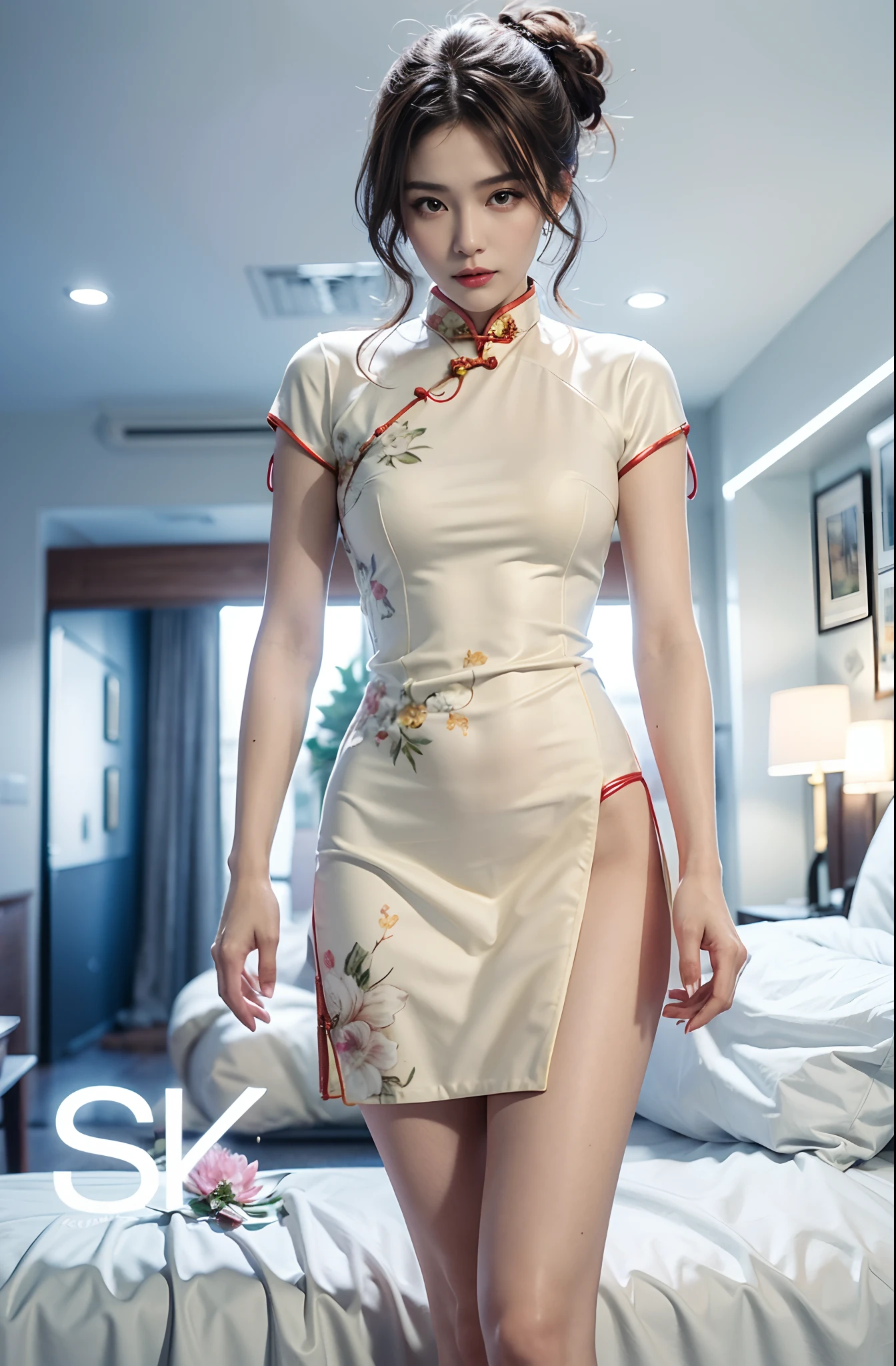 Cheongsam beauty,Long legs(tmasterpiece,best qualtiy,realisticlying:1.37),(Complex and sophisticated,Highly detailed skin and face),((Best quality))), (((Masterpiece))), ultra fine photos, whole body picture,Unreal Engine 5 8K UHD, ,gentlesoftlighting,8k wallpaper,Solidarity,art stations,High resolution CG