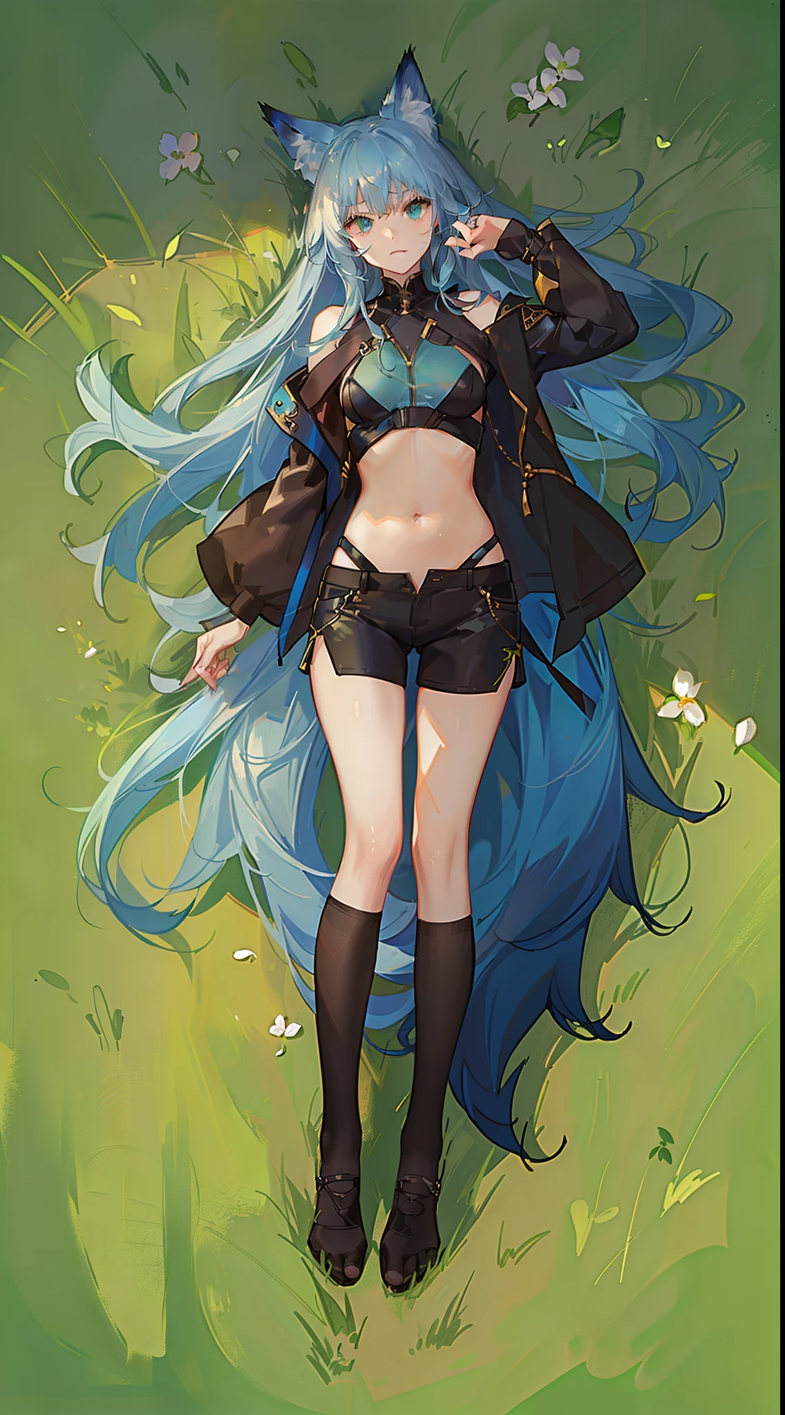 young boy, long blue hair, Fox ears, Green eyes, black skintight clothes, Shorts, open belly, Masterpiece, hiquality
