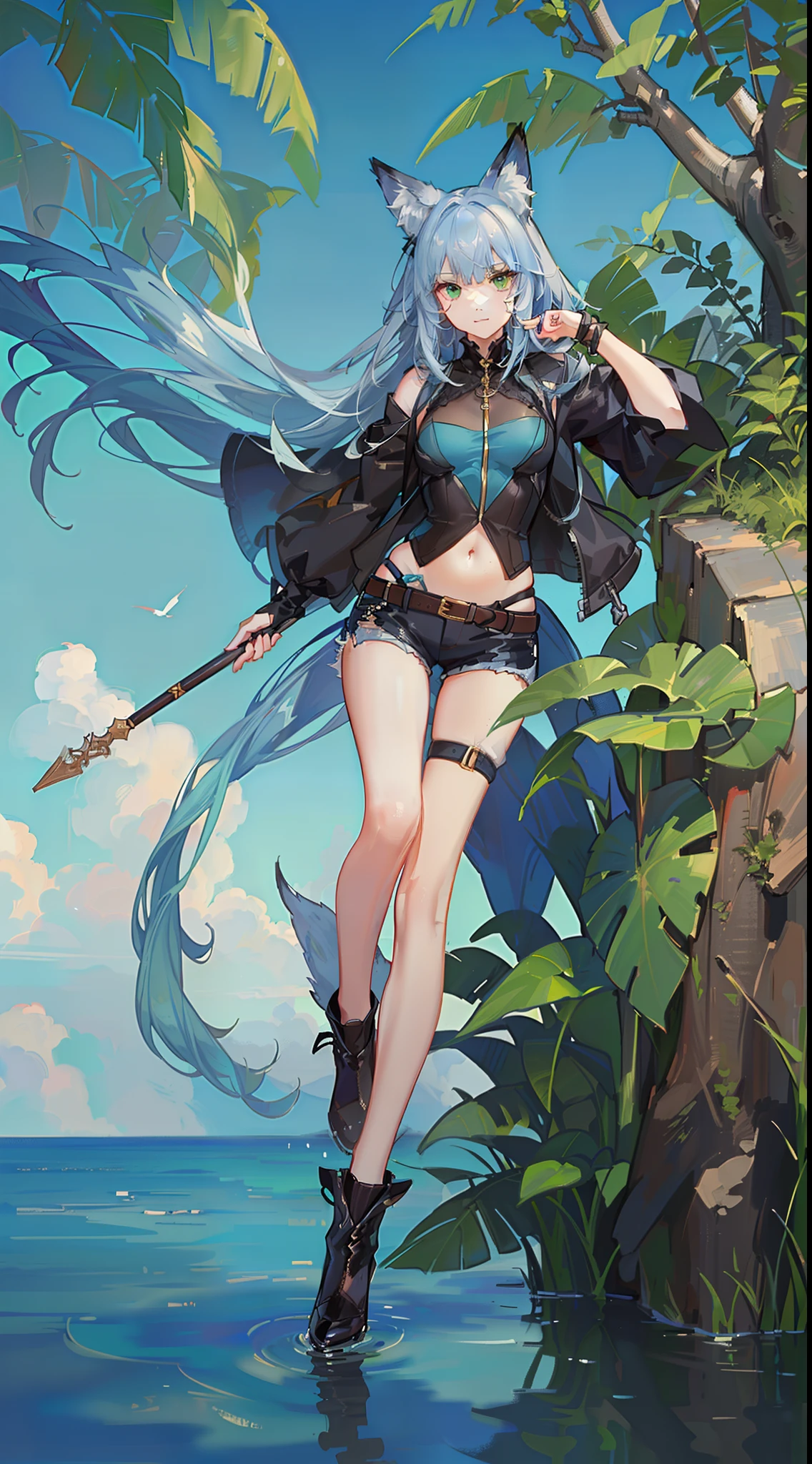 young boy, long blue hair, Fox ears, Green eyes, black skintight clothes, Shorts, open belly, Masterpiece, hiquality