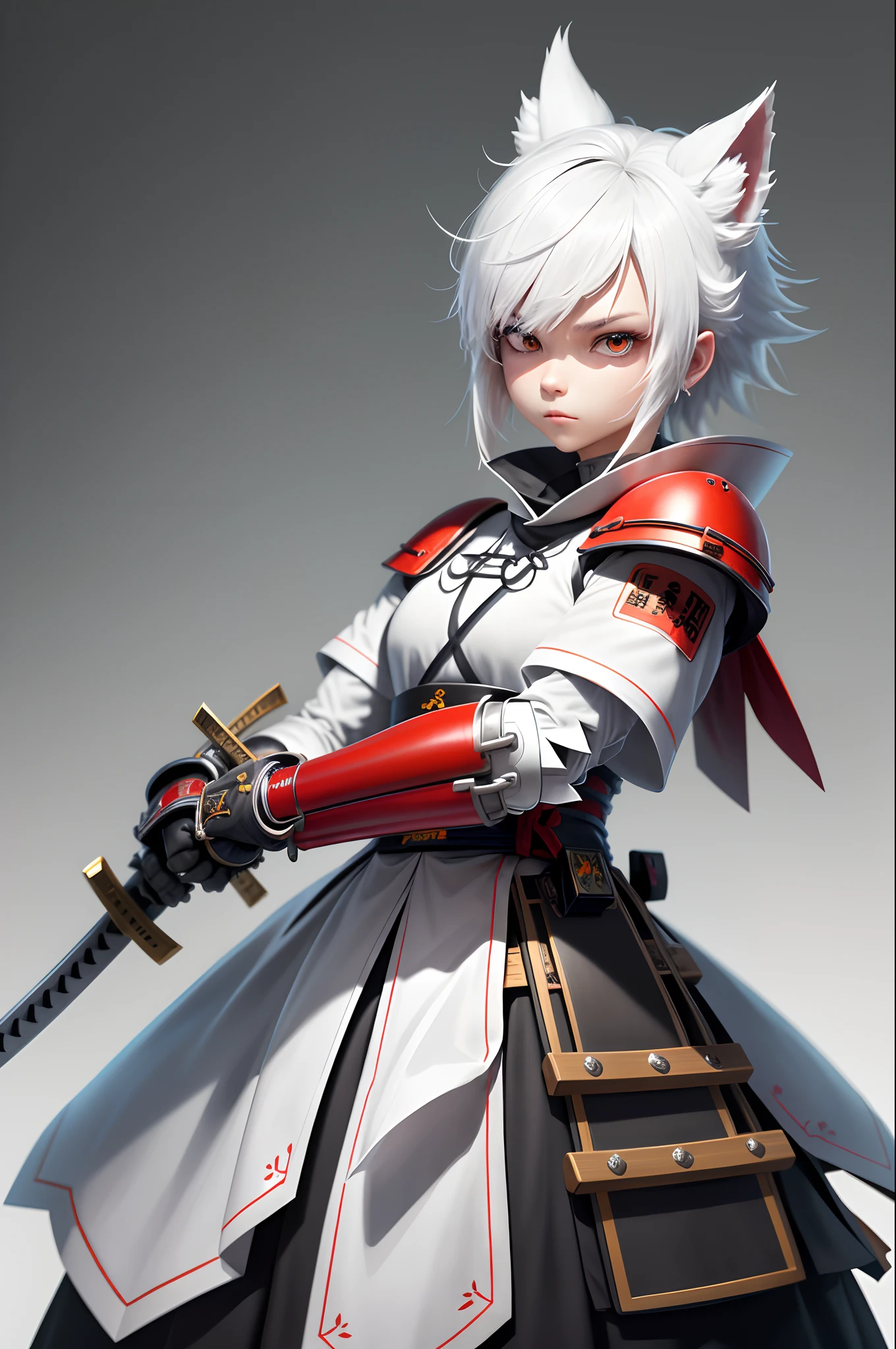 simplebackground，white backgrounid，独奏，（simplebackground，white backgrounid：1.3），
（tmasterpiece），（best qualtiy），（ultra - detailed），（full bodyesbian：1.2），RAW photogr，1 robot dog，Combat robot dog，samurai clothing，katana swords，machine arm，White hair，Right paw forward，extremely colorful，
Game character design、concept design、