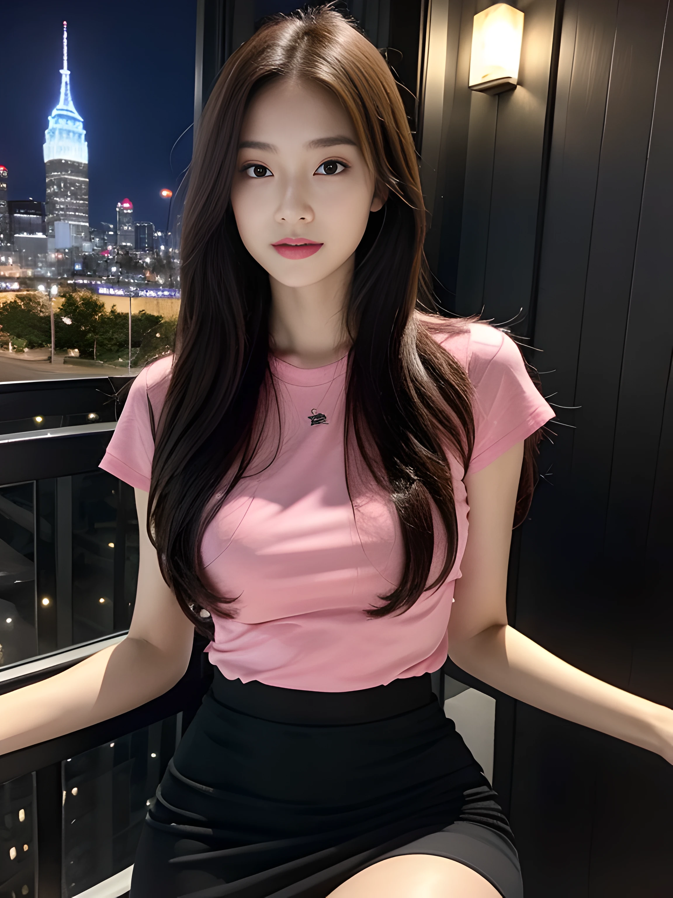 （（midynight， Acura， 8K， tmasterpiece： 1.3））， full bodyesbian， long leges， Focalors： 1.2， perfect figure beautiful woman： 1.4， Slim abs： 1.1， （dark brown  hair，： 1.2 ））， （Pink skinny T-shirt， short  skirt，sitting on a stool： 1.2）， （city night scene， the roof： 1.3））， Highly Detailed Face and Skin Textur， detailedeyes， 二重まぶた，