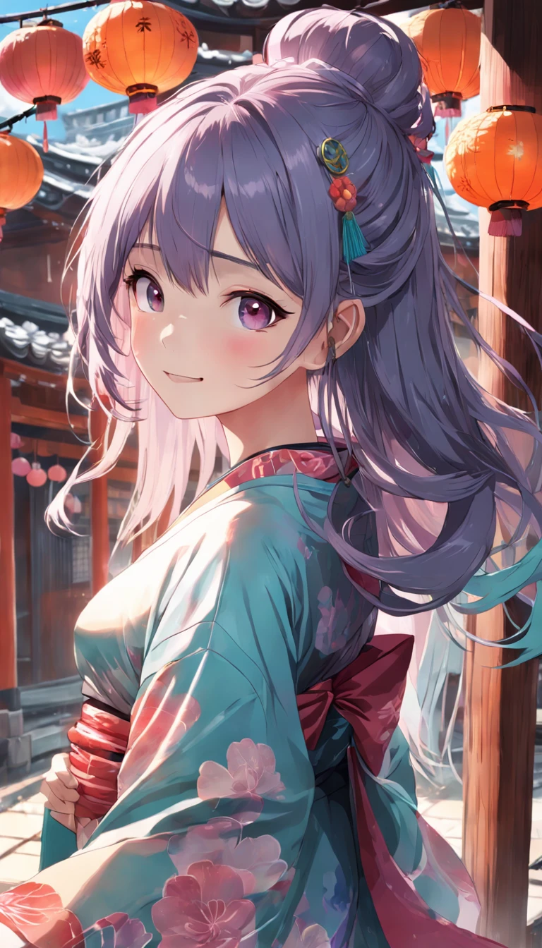((Yukata)),eye glass，innocent smiles，ancient city，veranda，wind chime，(1girl in, Solo:1.6),(Best Impact:1.5), (maximalism:1.7),Vivid contrast, (Realistic), hyperrealistic illustrations, hight resolution, ultra-detailliert, absurderes,(Fractal Art:1.3)、Random hairstyle、Random hair color colorful、Iridescent eyes、FULL BODYSHOT、Retro、Precise focus、randome pose、cinema4d、Drama