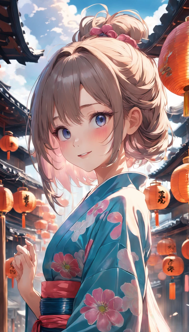 ((Yukata)),eye glass，innocent smiles，ancient city，veranda，wind chime，(1girl in, Solo:1.6),(Best Impact:1.5), (maximalism:1.7),Vivid contrast, (Realistic), hyperrealistic illustrations, hight resolution, ultra-detailliert, absurderes,(Fractal Art:1.3)、Random hairstyle、Random hair color colorful、Iridescent eyes、FULL BODYSHOT、Retro、Precise focus、randome pose、cinema4d、Drama