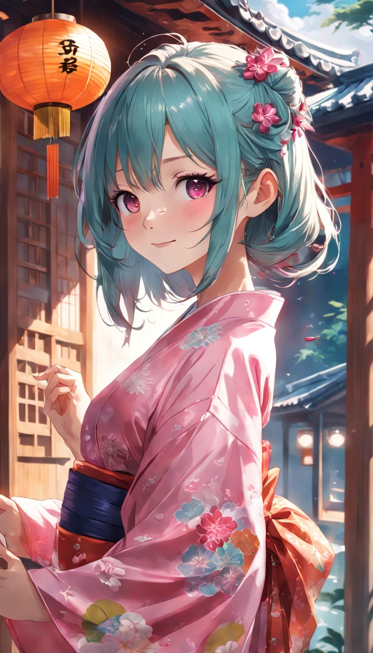 ((Yukata)),eye glass，innocent smiles，ancient city，veranda，wind chime，(1girl in, Solo:1.6),(Best Impact:1.5), (maximalism:1.7),Vivid contrast, (Realistic), hyperrealistic illustrations, hight resolution, ultra-detailliert, absurderes,(Fractal Art:1.3)、Random hairstyle、Random hair color colorful、Iridescent eyes、FULL BODYSHOT、Retro、Precise focus、randome pose、cinema4d、Drama