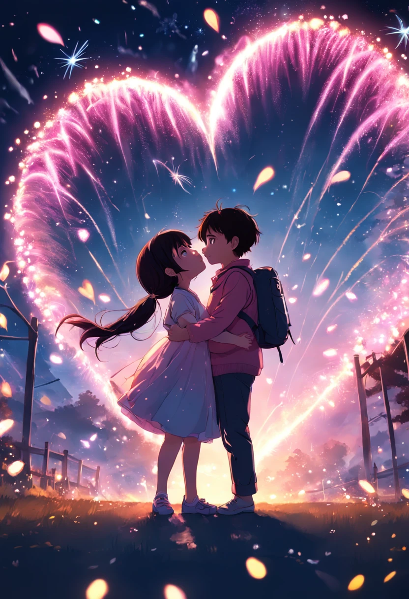 the night,Colorful,Fireworks all over the sky,Pink heart-shaped bubbles,Child couples,Cartoony,Chubby little girl and little boy hugging each other,Glowing fireflies around,,Cute and cute,KIDS ILLUSTRATION,Glow effects,Dingdall effect,depth of fields,high light,Real light,Ray traching,oc rendered,Hyper-realistic,best qualtiy,8K,Works of masters,super-fine,Detailed pubic hair,Correct anatomy,sharp focus on eyes,Bokeh,Facial features are carefully depicted