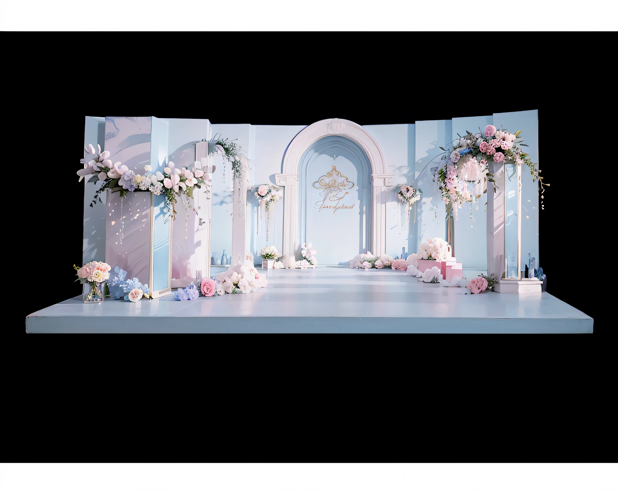 opulent ,Beautiful rendering,hyper HD,Hyper-realistic,,French wedding scene,CG rendering,lavishly decorated,enscape render,,Luxurious crystal ceiling,Wedding,opulent,high qulity,with details,Oil painting feeling,florals,Powder blue color scheme,No characters