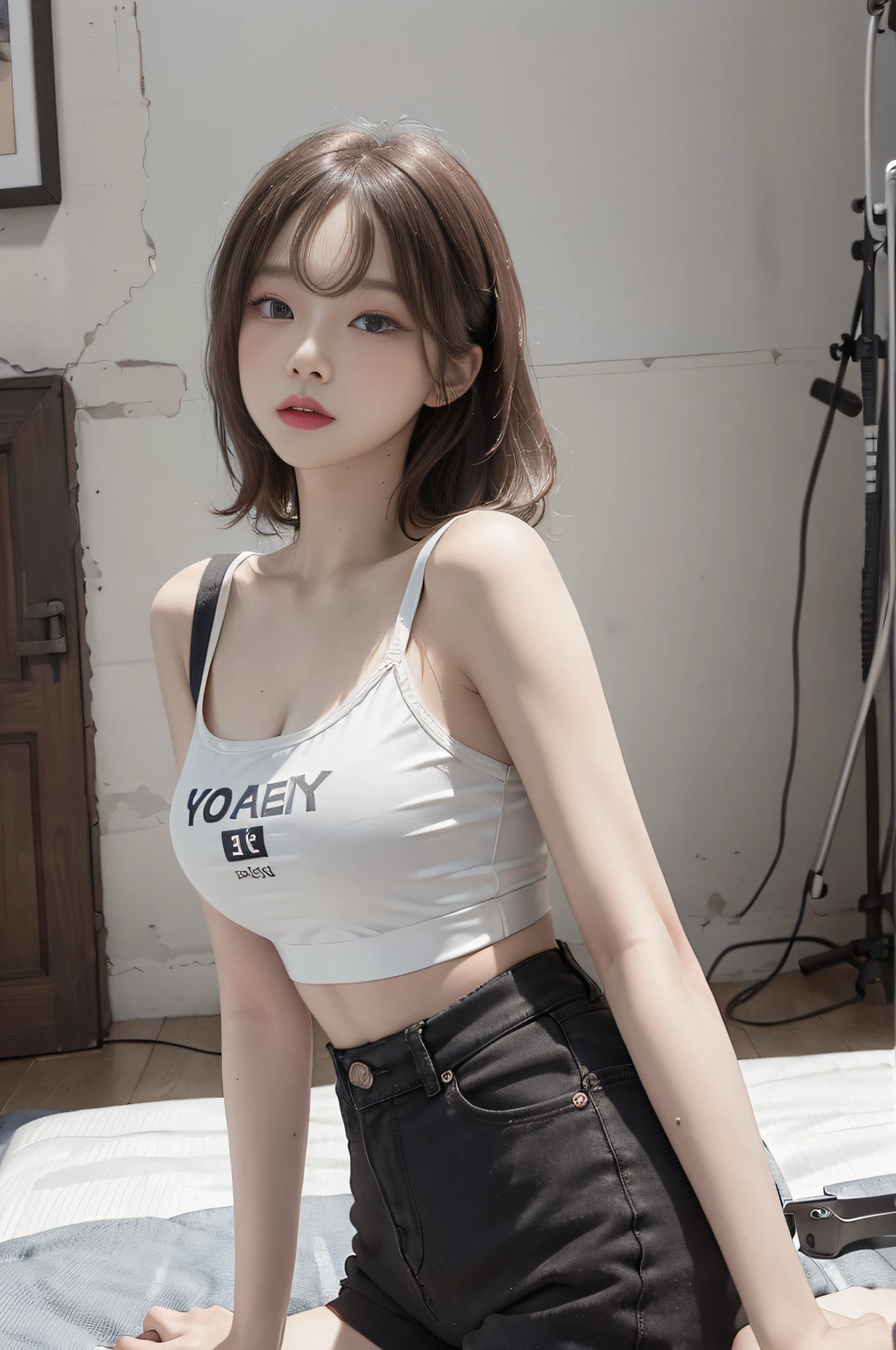 Top image quality、Raw photography、超A high resolution、An 18-year-old woman、Shooting for one person only、modelshoot、big round chest、Tank Tops、short trousers of black color、Beautiful Eyes of Details、very elongated eyes、Beautiful eyelashes、Beautiful double eyelids、white walls、very slender legs、Shorthair with light brown hair、very slender physique、Very small buttocks