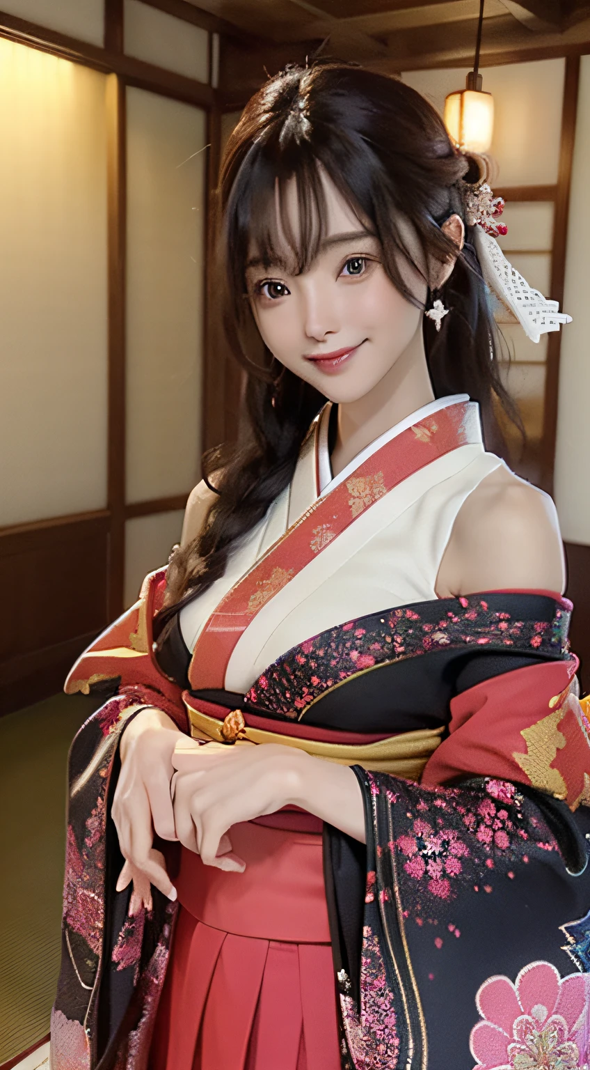Official art, 统一 8k 壁纸, ultra-detailliert, Beautifully Aesthetic, masterpiece, top-quality, (Zentangle, Tangles, Entanglement), (Fractal Art: 1.4), 1girl in, A dark-haired, japanse, bare shoulders, a short skirt, Calf, ighly detailed, dynamic ungle, cowboy shot, (The most beautiful forms of chaos), A flowing, (bright colour), nffsw, (half: 1.2), japanese-inspired, (Tanka Flying Sky: 1.5), (bow ribbon: 1.3), (Dreams: 1.5), (A Japanese style: 1.5), Japan Phoenix、(A smile:0.5)、(japanese god)、