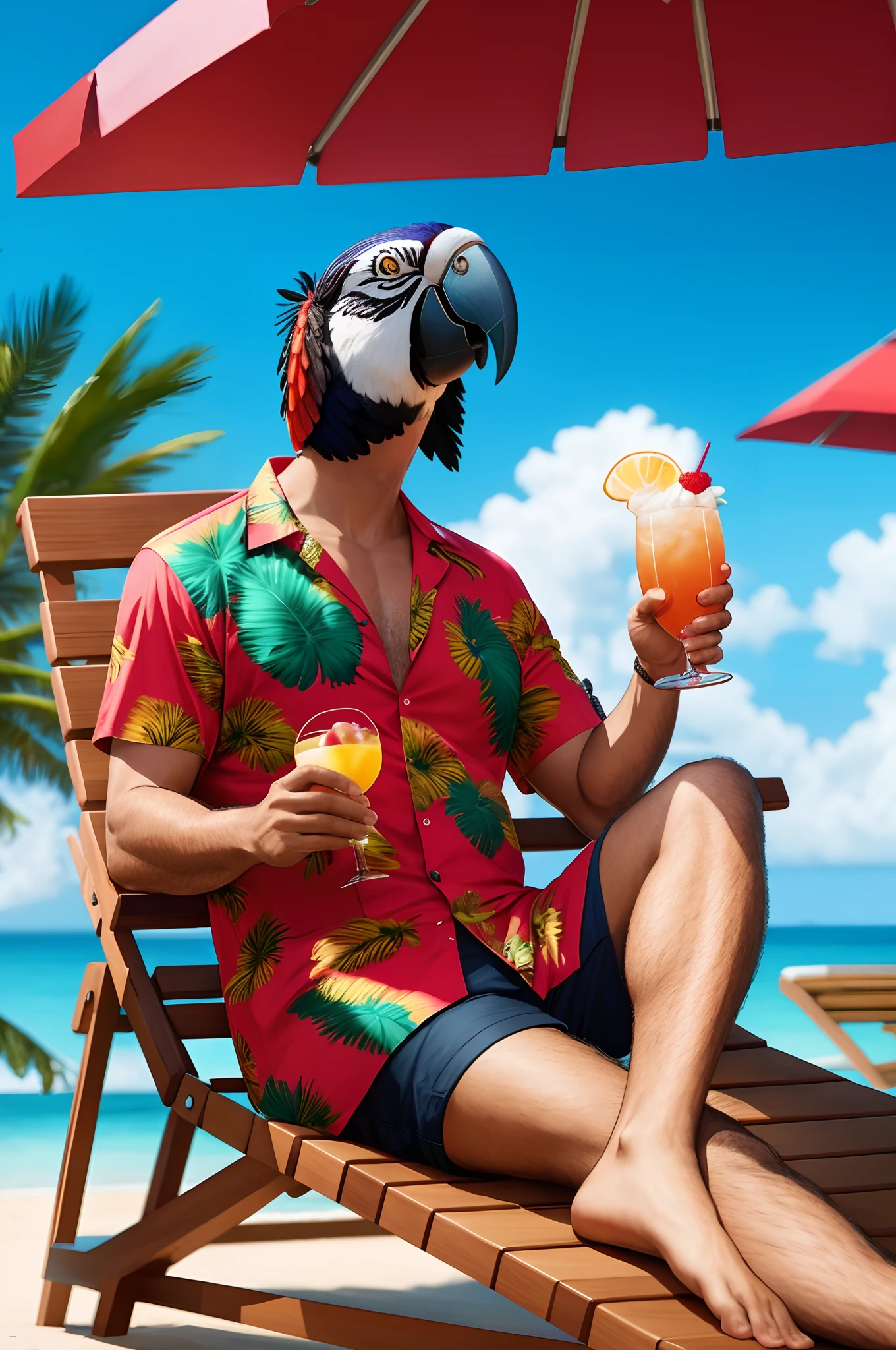 Parrot Head Man, Funny, Funny, in a Hawaiian shirt, lounging on a sun lounger, Drink a cocktail, Unreal engine, Octane Render, Trending on ArtStation, Highly detailed, studio lightning, Professional