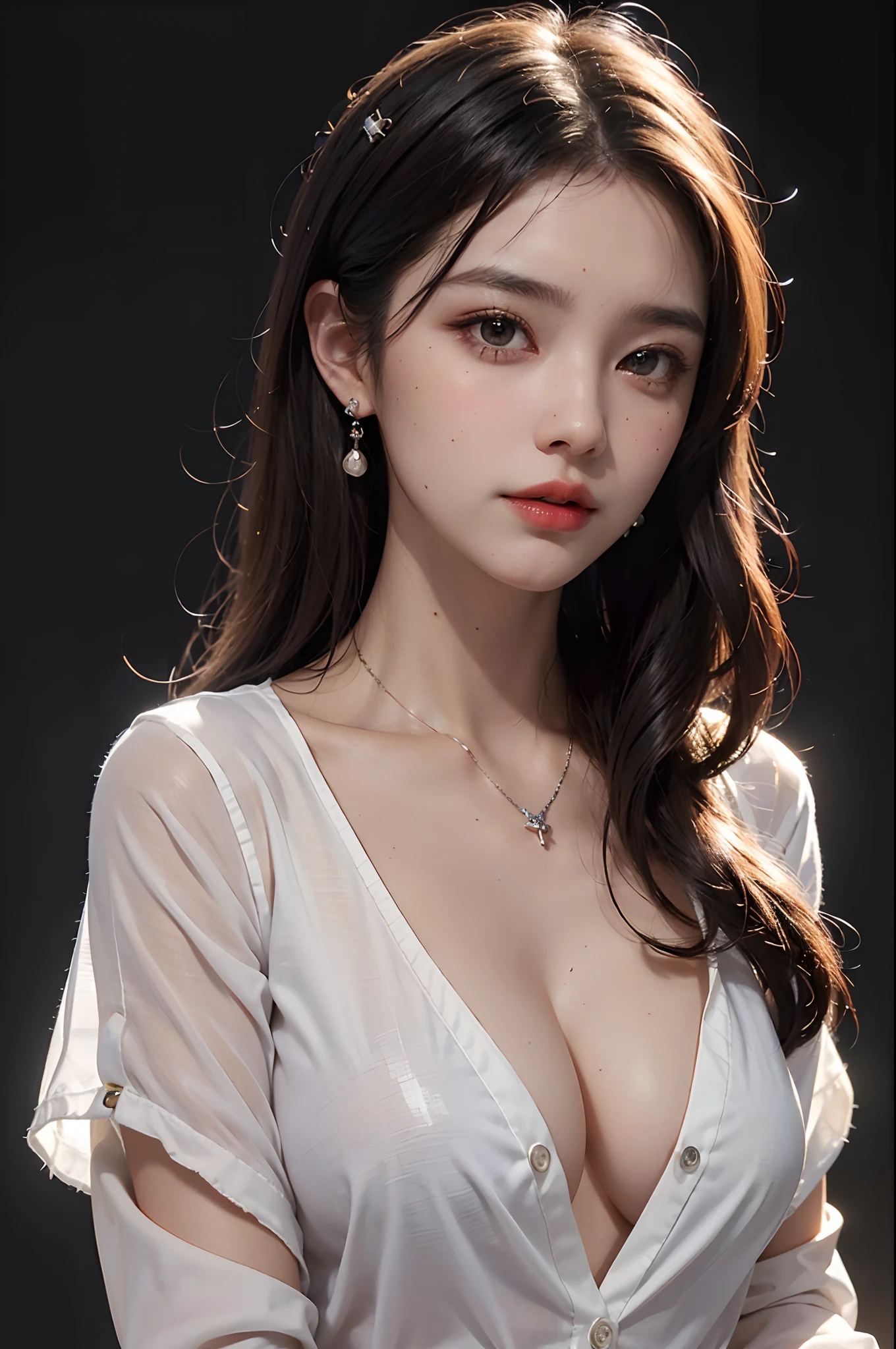 (button up to shirt length: 1.2), (White shirt wet by rain), (unbuttoned shirt: 1.1), big breasts, deep cleavage, best quality, masterpiece, illustration, very delicate and beautiful, very detailed, CG, Unity, 8K wallpapers, amazing, fine detail, highly detailed CG Unity 8K wallpapers, huge file size, very detailed, high resolution, handsome detailed woman, very detailed eyes and face, Stunning detailed eyes, light on the face, (Best illustration: 1.1), (best shadow: 1.1), ultra high resolution, (photorealistic: 1.1), (photorealistic 1.2:1.1), realistic face proportions, slim, smile, (makeup: 0.4), (fluffy black eyes: 1.21), black eyes, looking at the viewer, dark brown hair, earrings, necklaces, hairpins, cowboy shots, (irregular irregular skin imperfections, veins, skin wrinkles pores: 1.2), (dark night background: 1.2), (bokeh: 1.4),