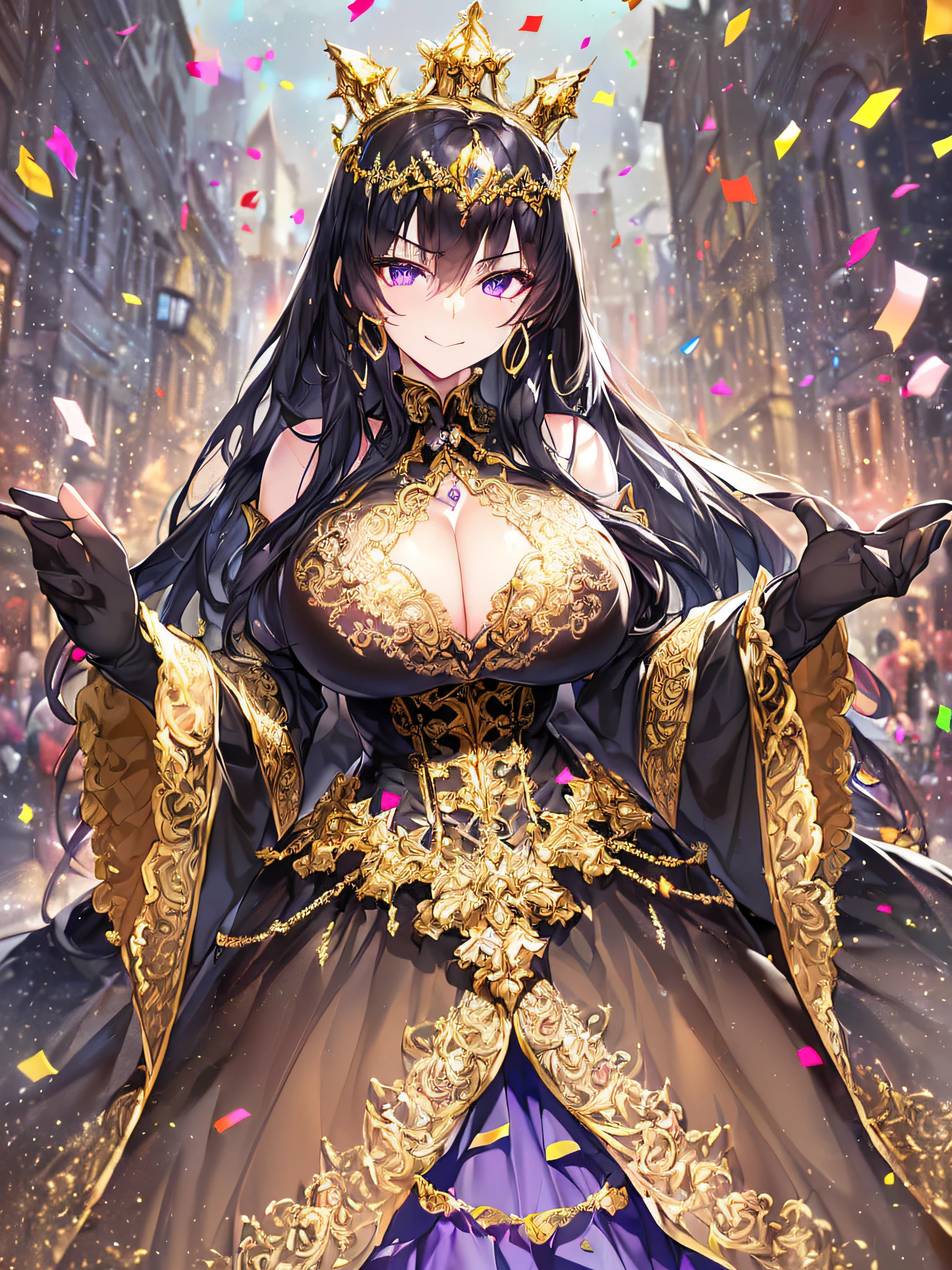 ((anime artstyle)),(Masterpiece),(Best Quality), (Super Detail),((Very Delicate and Beautiful)),(((Solo))),((full body portrait)),((1 arrogant queen in gorgeous black and gold rococo princess ballgown with voluminous full length hoop skirt and gorgeousfull embroidery),((crinoline)),gold trim,Long train,(dominant pose,dominant facial expression),(arrogant,haughty),((arrogant smile,haughty smile)),Sharp eyes,((standing in the square of the castle town,festival,confetti)),sunlight,((outdoor)),medieval main street,gorgeous gemstone jewelry,detailed face and eyes,jewel-like eyes,Purple eyes,(Bangs between eyes),((large amount of straight hair,extremely Long voluminous black Hair)),((gigantic tits,Long tits)),gorgeousfull embroidery,cleavage,extremely gorgeousfull hair ornament,(bling-bling extremely gorgeousfull jeweled tiara),gorgeous corsage,(Dynamic Angle),Looking at viewer,confetti flowing,(((gorgeous black and gold rococo princess ballgown with voluminous full length hoop skirt and gorgeousfull embroidery)))