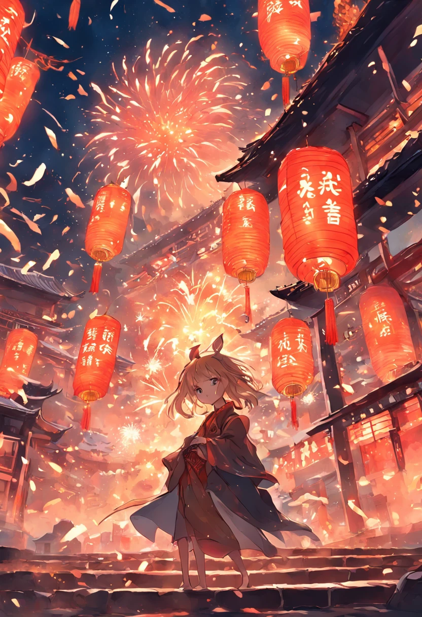 New Year,Chinese-style town,nigh sky,A Buddha statue in the center,Decorations,Chinese lanterns are hung,fire works,empty of people