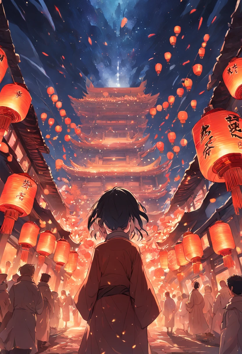 New Year,Chinese-style town,nigh sky,A Buddha statue in the center,Decorations,Chinese lanterns are hung,fire works,empty of people