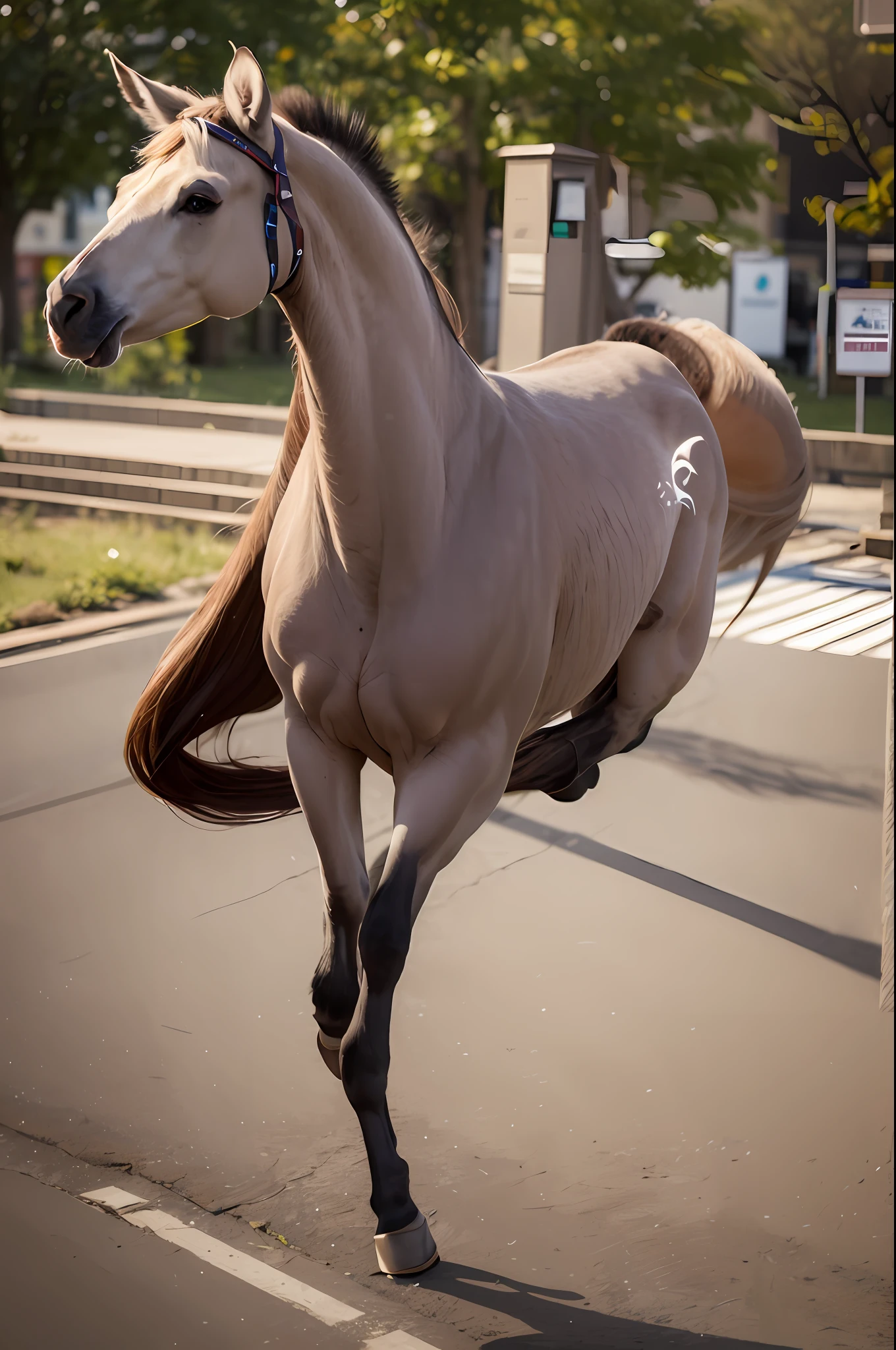 centaur,((realistic)), photo referenced, highest quality, high quality, (detailed face and eyes:1.1), very beautiful cute ((centaur)) woman, dusk lighting, freckles, (full body), (blonde hair),,(((skin details, high detailed skin texture))), ((photorealistic), film grain), nude,hands on hips, white skin, palid skin,caucasian, brown horse body,detailed hooves,sweat,(plump),fat, thick arms,very largfe breasts,correct hands, dark horse, big horse body,city background,((from behind)),looking back,fluffy tail,horse tail,
