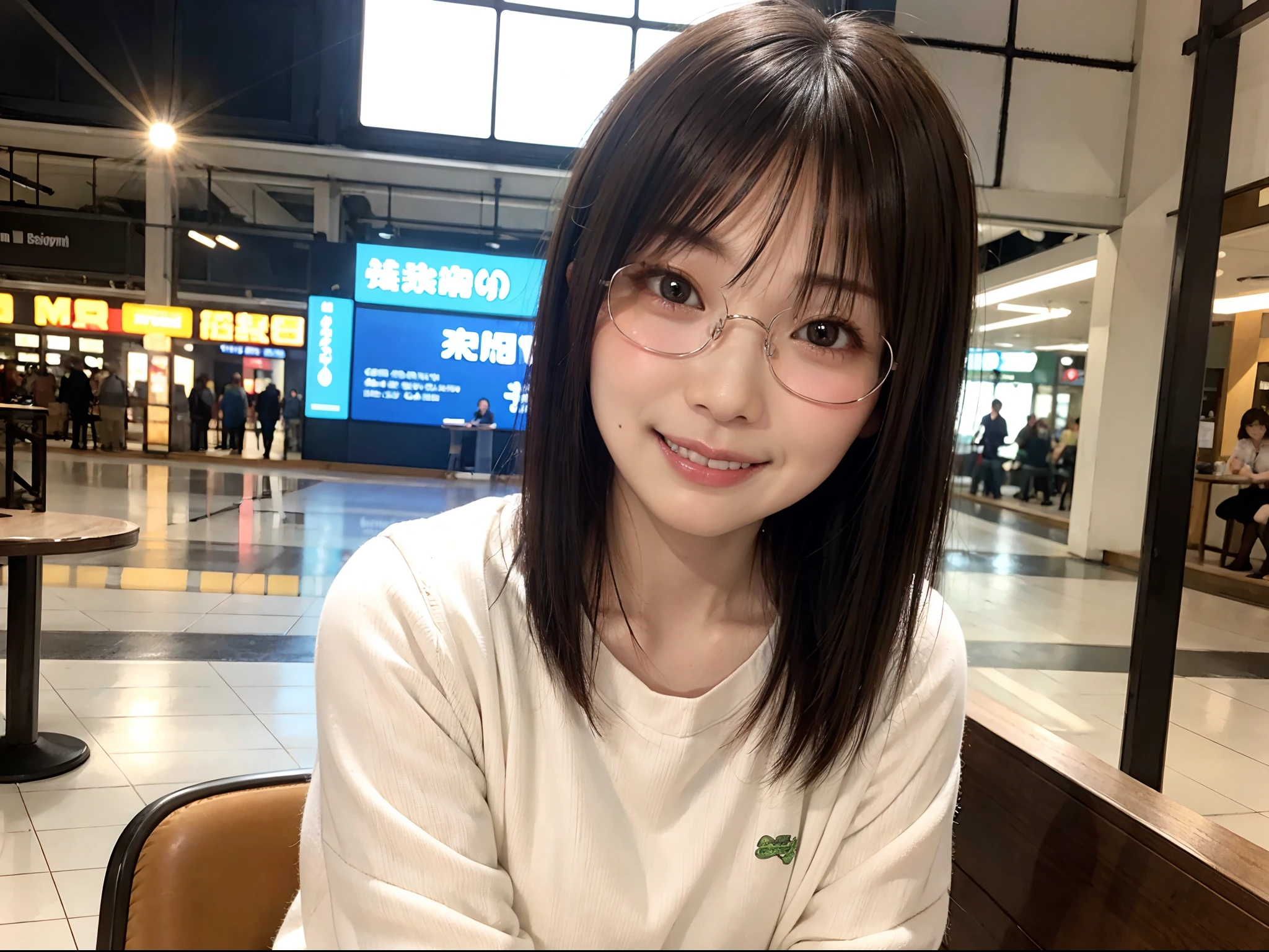 Japan girl in casual clothes in a shopping mall, looking at the viewer, posing with a smile (highest quality, masterpiece))), high resolution, very detailed, masterpiece, cinematic lighting, (8K, highest quality, masterpiece: 1.2), (realistic, photorealistic: 1.37) Hi-Res, Super Detail, 1 Girl, Woman with Glasses, Thin Frame Round Glasses, Light Colored Glasses Frame, asian, cute, cute face, solo, short hair 1.2, textured skin, beautiful smile, beautiful detailed sky, detailed café, night, movie lighting, depth of field, lens flare light, sitting, dating, (blushing), (smile: 1.15), small breasts (mouth closed), eyes with beautiful details, (short hair: 1.2), floating hair Nova Frog style,