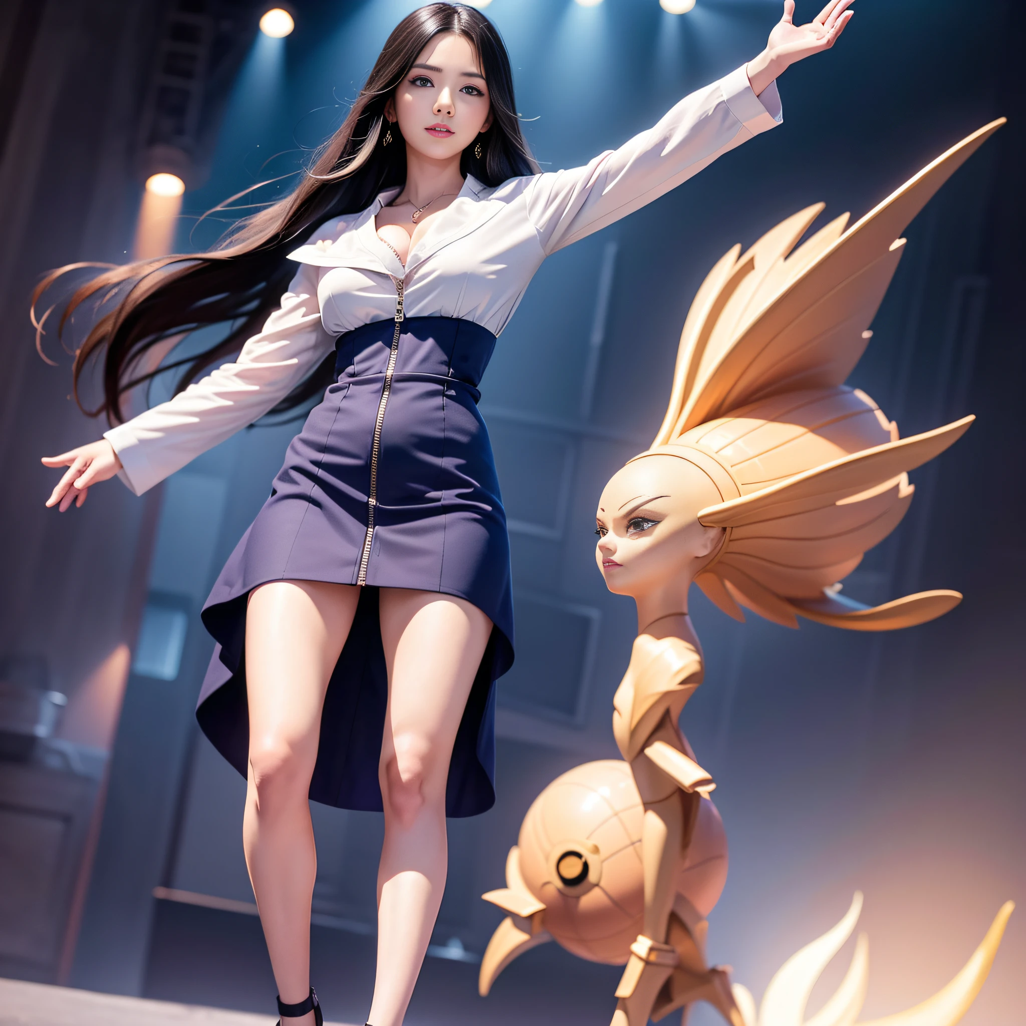 tmasterpiece,A high resolution,8K,CG animation,A woman stands on stage,In the introduction of goods