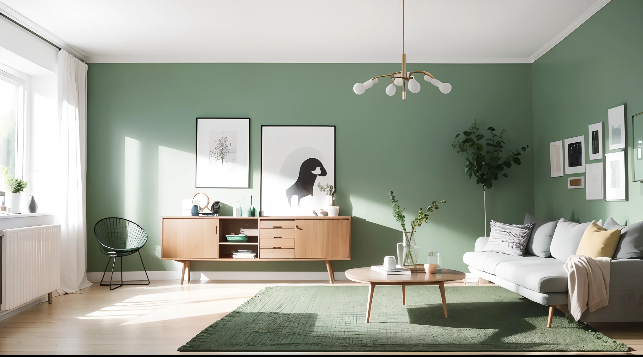 A chic Scandinavian living room with a round wooden dining table surrounded by mint color chairs, creating a harmonious blend of modern and mid-century design elements. A cozy sofa and a stylish cabinet complement the scene, all set against a refreshing green wall backdrop.