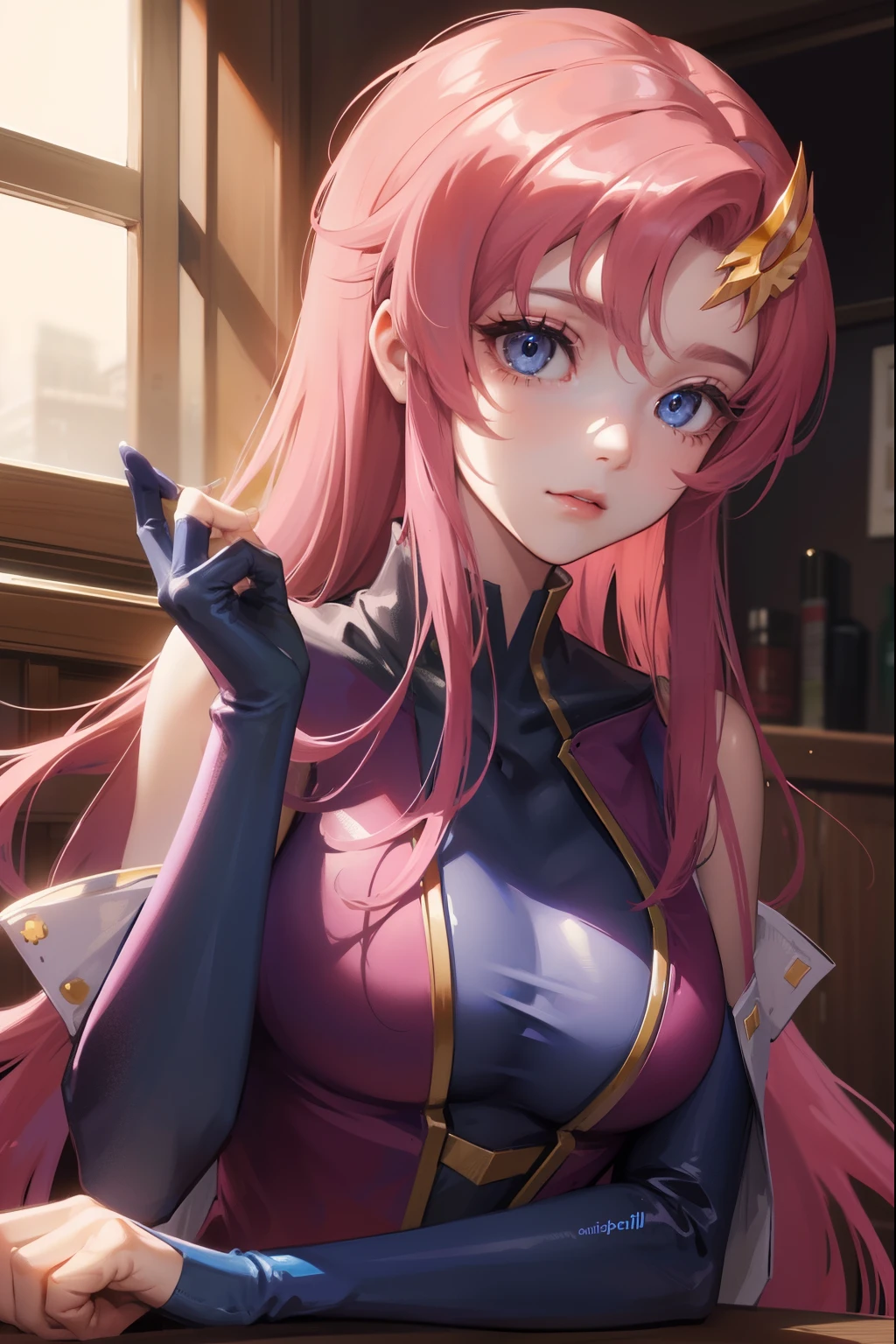 lacusclyne, lacus clyne, blue eyes, hair ornament, long hair, wave hair ornament, pink hair,
BREAK bodysuit, pilot suit, pink bodysuit, science fiction,
BREAK outdoors, city,
BREAK looking at viewer, BREAK (masterpiece:1.2), best quality, high resolution, unity 8k wallpaper, (illustration:0.8), (beautiful detailed eyes:1.6), extremely detailed face, perfect lighting, extremely detailed CG, (perfect hands, perfect anatomy),