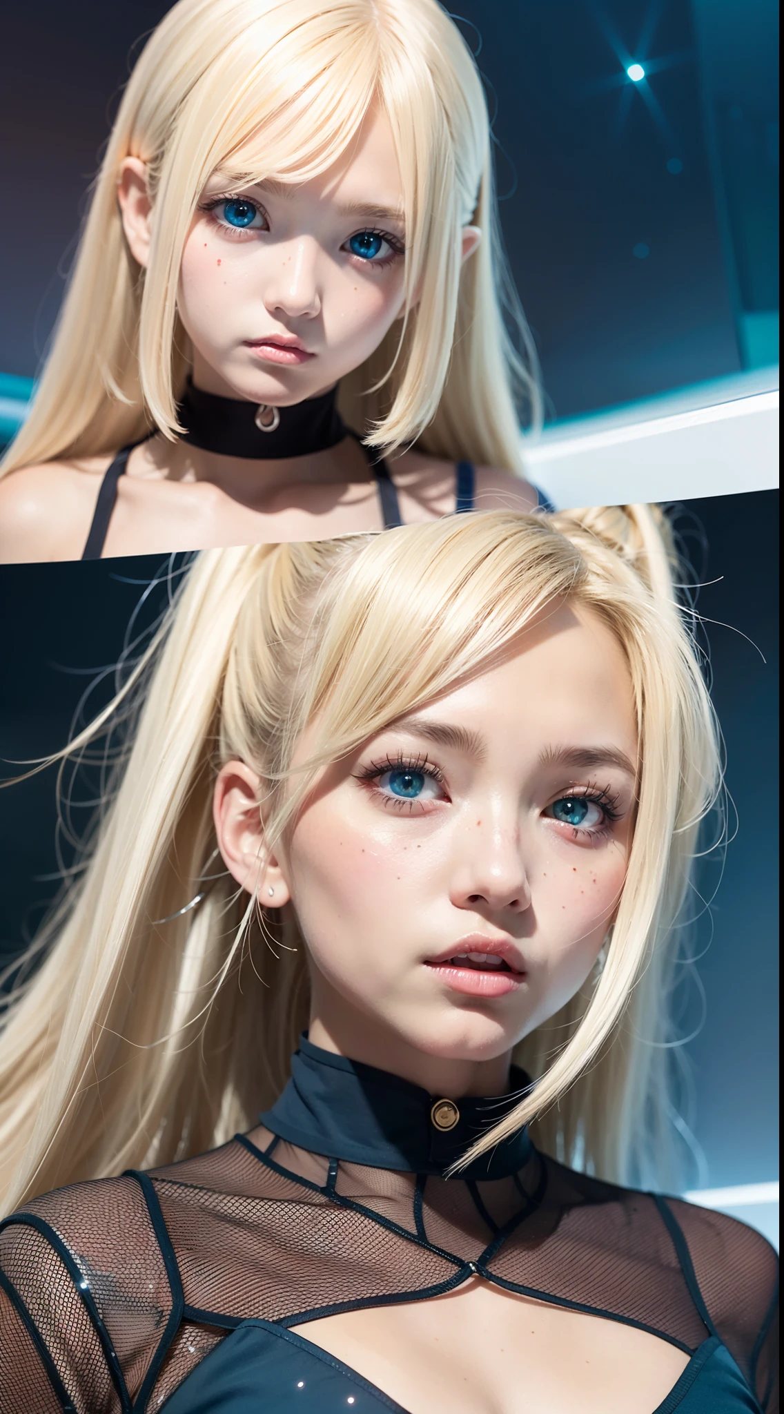 16k anime illustration quality,messy blond hair, Oversized eyes twinkle with starlight,Gradient red and blue eyes described in detail,Heterochromia,Asymmetrical face shape,The corners of the mouth are slightly upturned