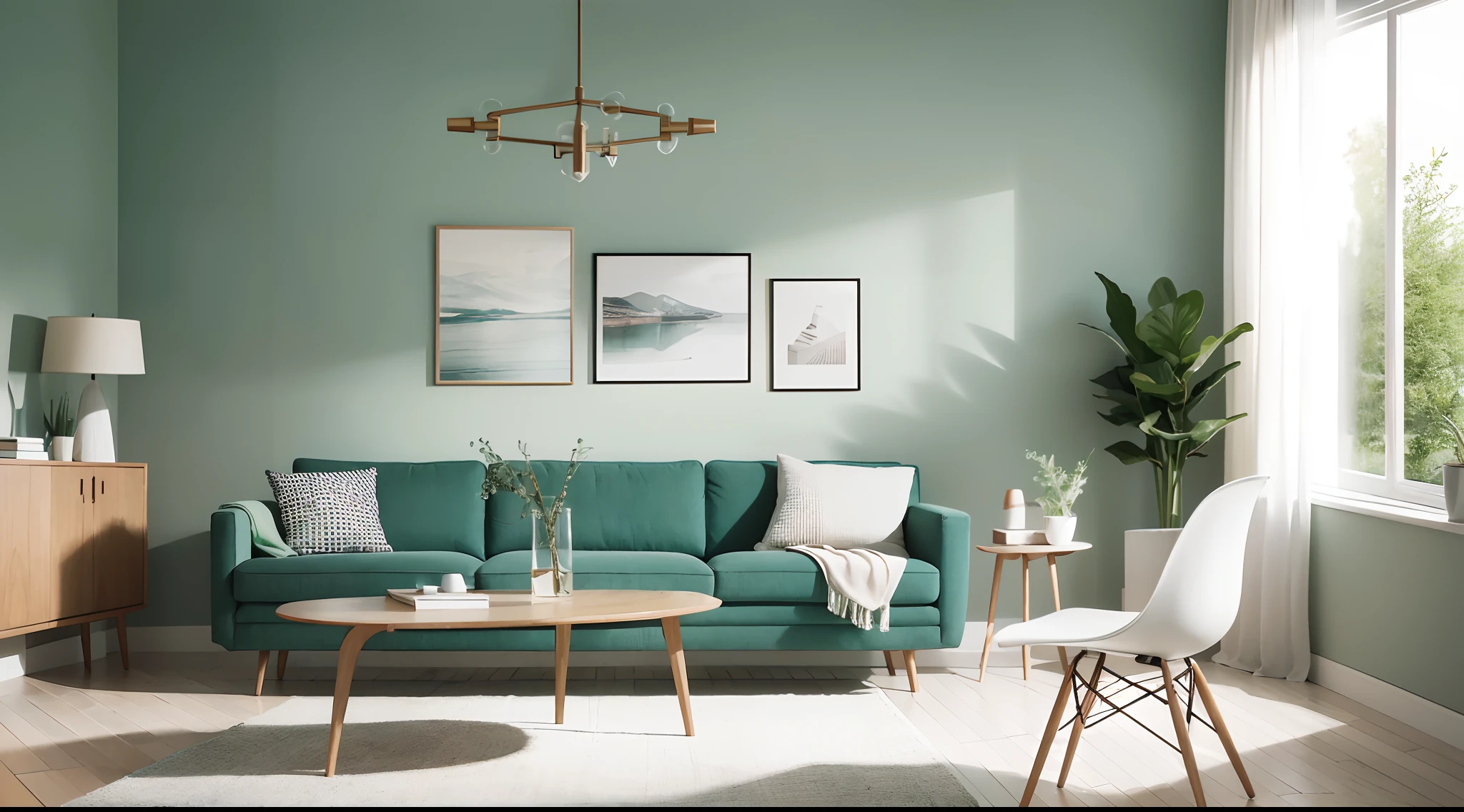 A chic Scandinavian living room with a round wooden dining table surrounded by mint color chairs, creating a harmonious blend of modern and mid-century design elements. A cozy sofa and a stylish cabinet complement the scene, all set against a refreshing green wall backdrop.