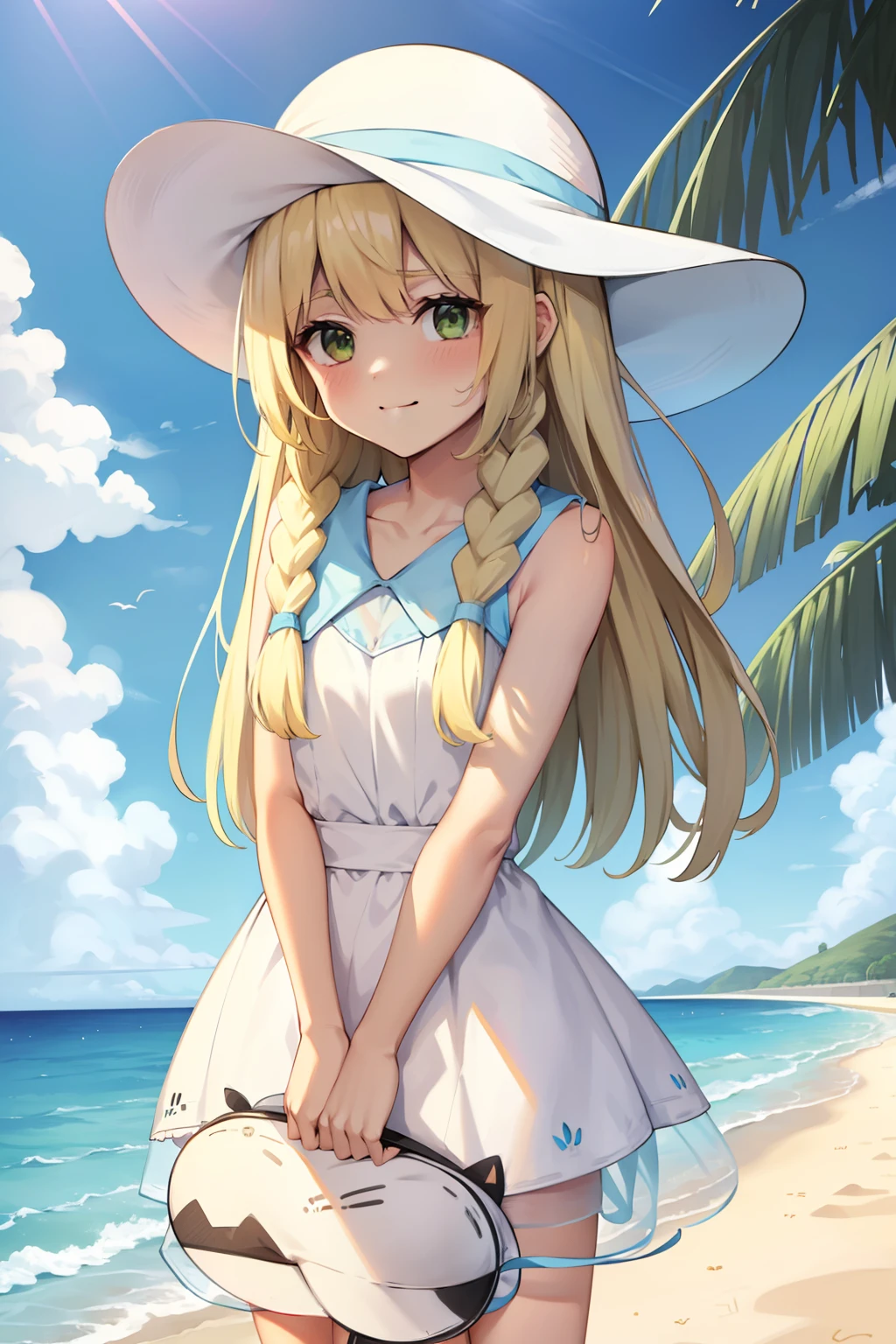 lilith\（pokemmo\）， sea beach，White visor， 1girll， Gamine，独奏， standing on your feet， cow boy shot， looking at viewert，Light blonde，Green eyes， ssmile， V arm， Own hands together， Double up braid， Hats， shift dresses，