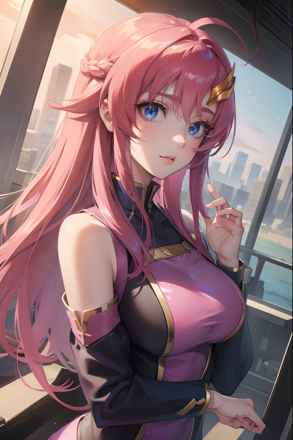 lacusclyne, lacus clyne, blue eyes, hair ornament, long hair, wave hair ornament, pink hair,
BREAK bodysuit, pilot suit, pink bodysuit, science fiction,
BREAK outdoors, city,
BREAK looking at viewer, BREAK (masterpiece:1.2), best quality, high resolution, unity 8k wallpaper, (illustration:0.8), (beautiful detailed eyes:1.6), extremely detailed face, perfect lighting, extremely detailed CG, (perfect hands, perfect anatomy),